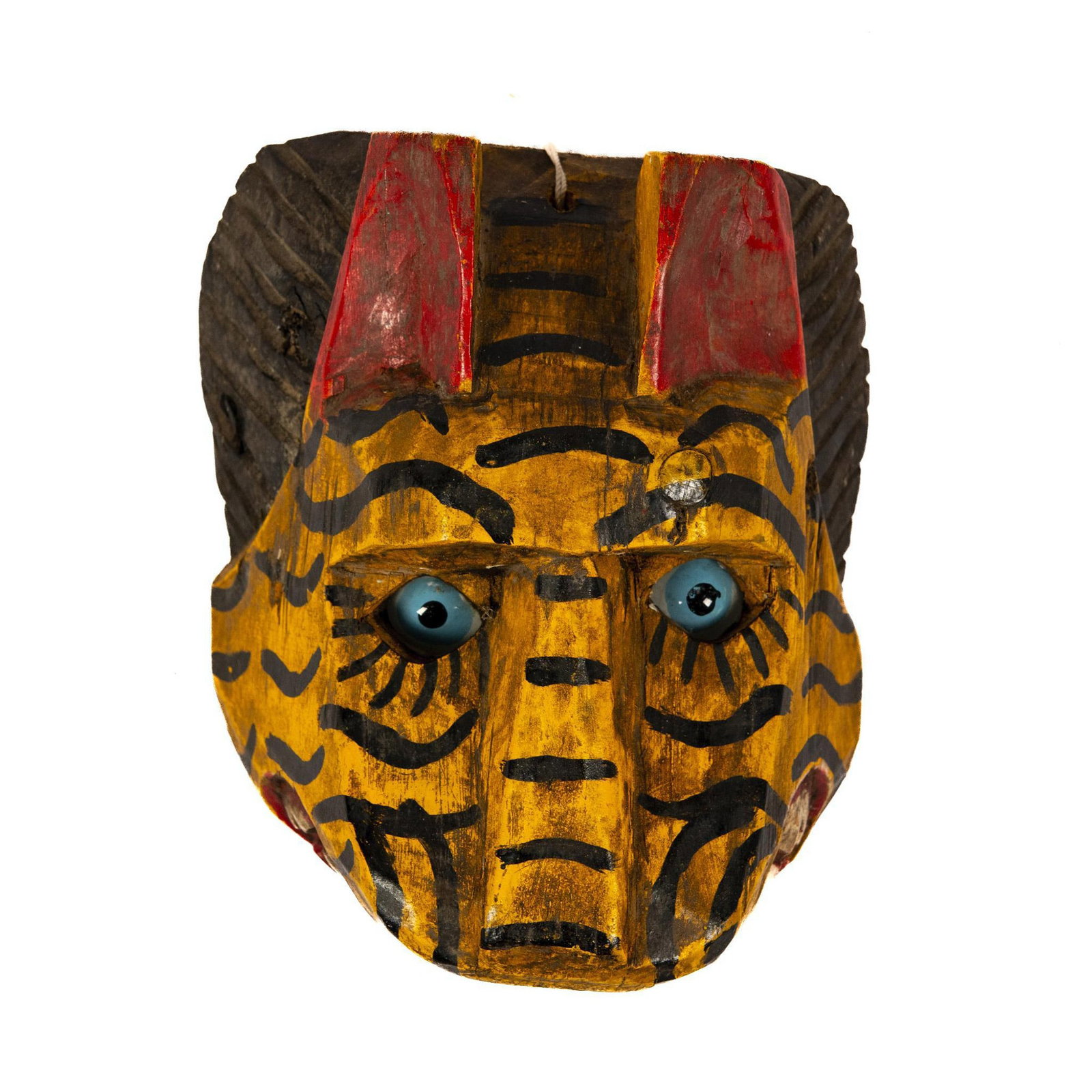 Vintage Mayan/Guatemalan Jaguar Wood Mask w/Glass Eyes: Vibrantly hand-carved and painted mask showcasing the majestic big cats of the jungle, complete with piercing glass eyes. Dimensions: 7"L x 4.5"W x 8"H