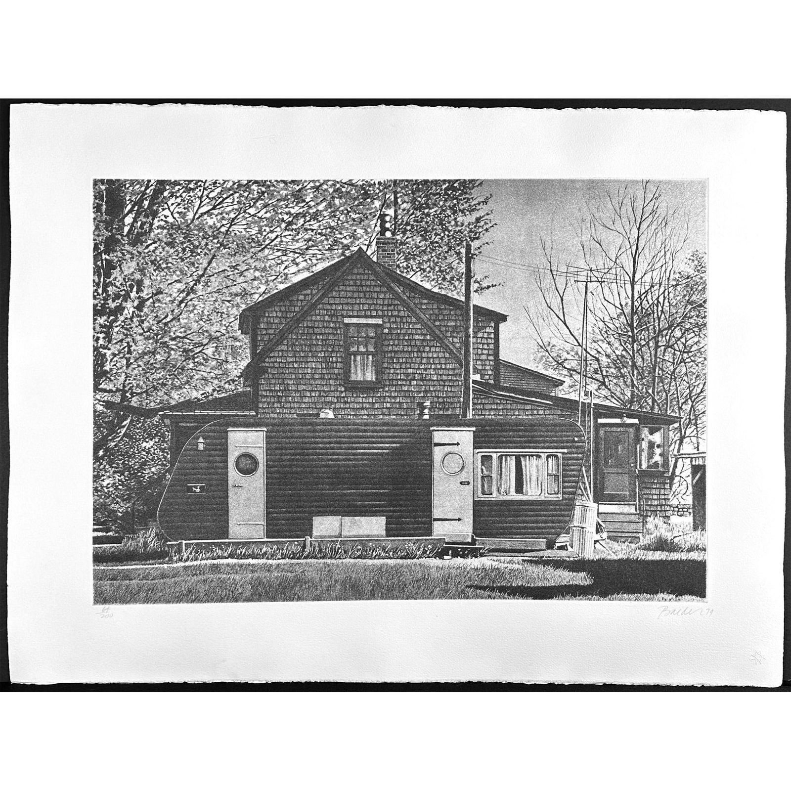 John Baeder (American 1938-), Screenprint House With Trailer, Signed: Screenprint titled House With Trailer Year 1979 Signed lower right numbered 64/200. Sight size 30" x 22.5"
