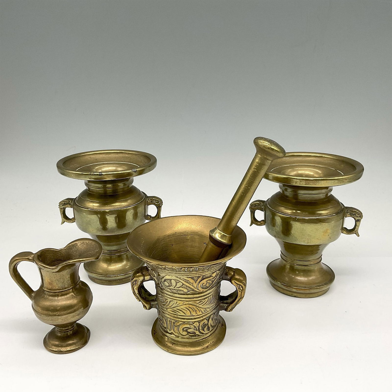 4pc Brass Apothecary Mortar and Pestle + Vases (1 of 3)