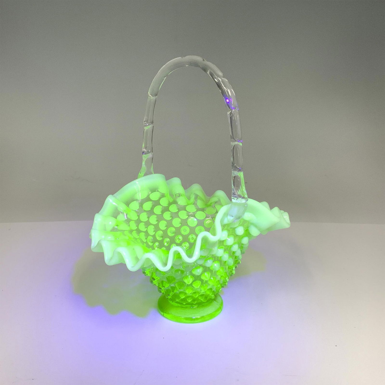 Green Hobnail Vaseline Uranium Glass Basket (1 of 5)