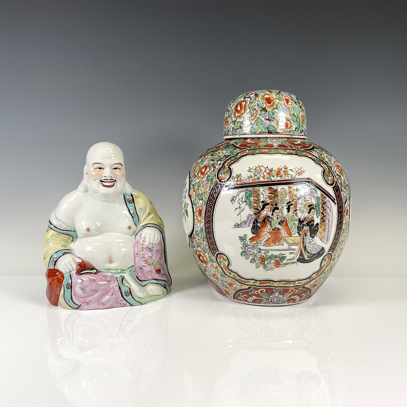 20th Century Porcelain Famille Rose Ginger Jar & Buddha Statue: Lovely hand painted raised panel cartouche designs. Colored in orange, green, red and gilt highlights 12.25"H. Stamped Made in China. Happy Buddha with colorful robe, holding gilt-colored beads 9.25"H