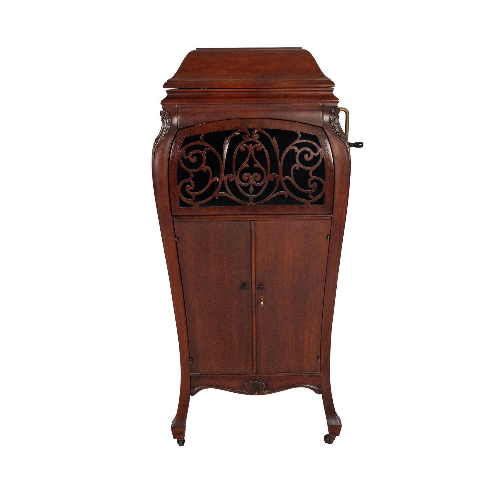 Antique Sorona Elite Mahogany Baby Grand Phonograph: Rarely offered antique Sorona Elite mahogany baby grand phonograph that won the highest award for tone quality at the Panama-Pacific International Exposition in 1915. This phonograph has been tested a