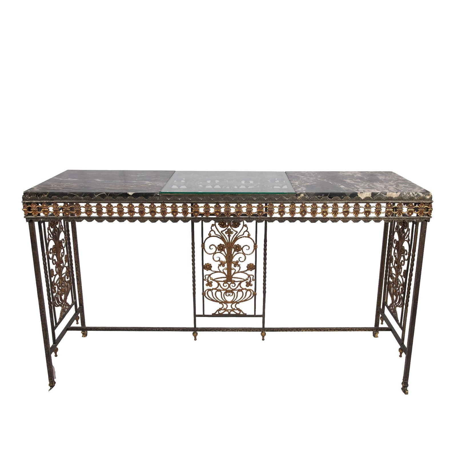 French Art Deco Wrought Iron & Marble Top Console Table (1 of 9)