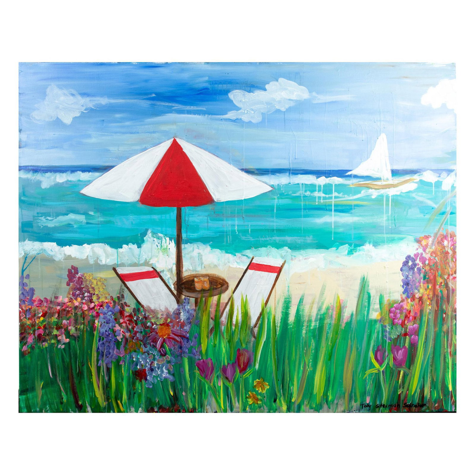 Toby Gotesman Schneier, Oil on Canvas, Florida Beach Signed: Imposing oil on canvas by American-Jewish artist Toby Gotesman Schneier who depicts a vibrant Florida beach scene made with impasto, drips, and expressive brushstrokes. Verdant and brightly colored fl