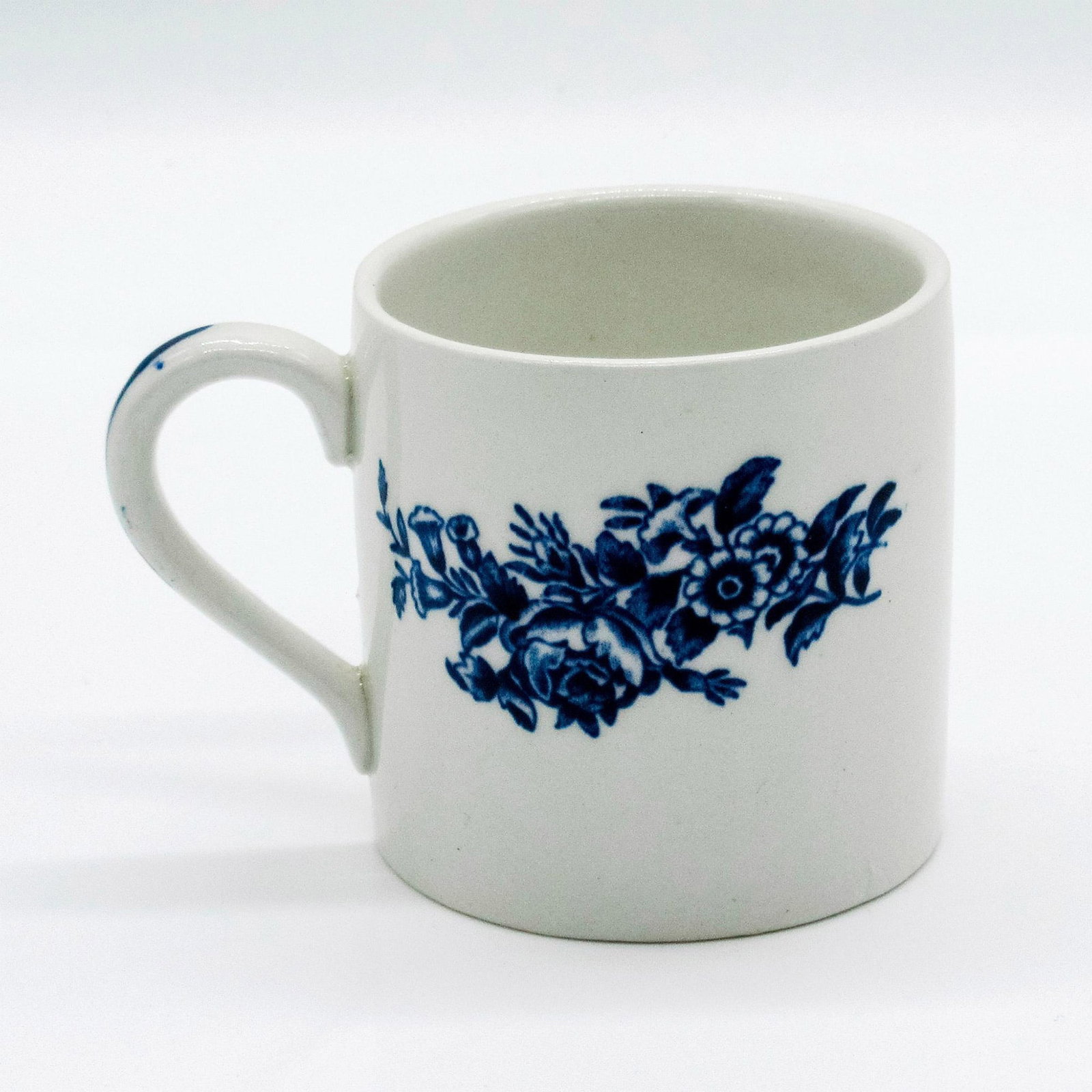 Vintage Booths Espresso Cup, Peony A8021: Glazed porcelain; single handle; elegant blue floral decorations on white background. Booths backstamp. Fleabite on rim; minor staining throughout. #booths #peony #porcelain #cup Issued: 20th c. Dimen