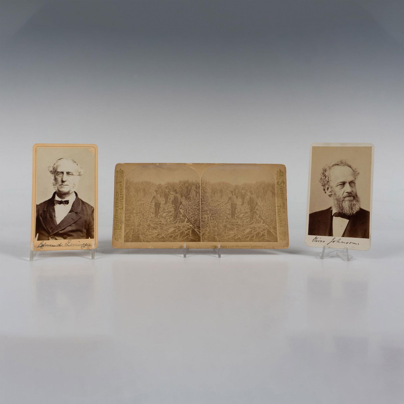 Stereoscopic Views of Sugar Cane Plantation & Abolitionists: This lot includes a rarely offered original stereoscopic albumen print on cardstock mount of a Sugar Cane Plantation in Louisiana with African-American workers, one CDV of abolitionist Edmund Quincy (