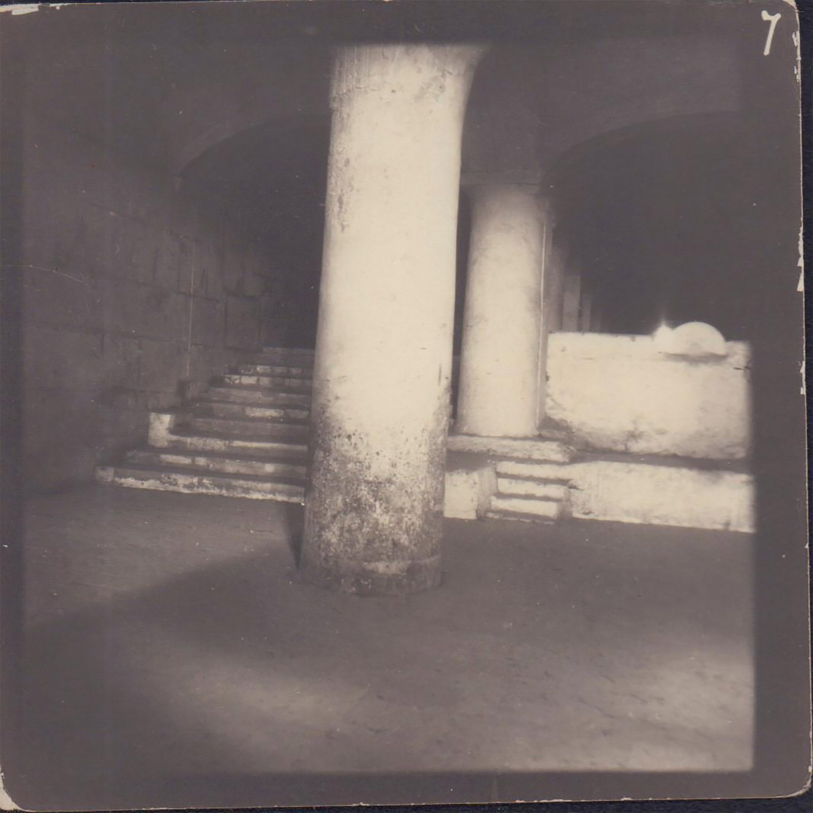Antique Monochrome Photograph, Temple of Solomon: Silver gelatin black and white photograph with square format. Features the entrance to the Temple of Solomon. Architectural details include large columns and vaulted ceilings. Handwritten description 
