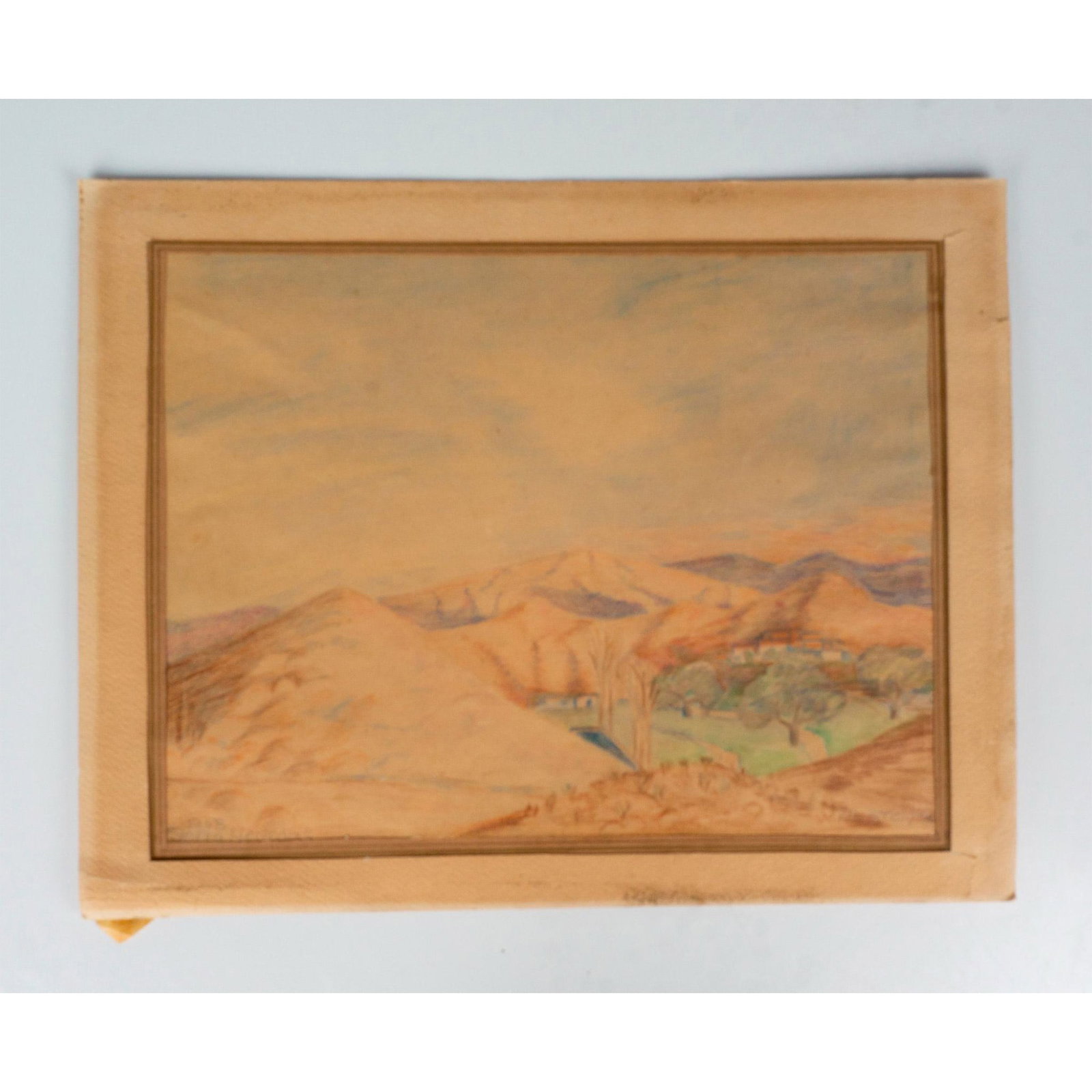 Steinger, Original Drawing on Paper, Sierra Nevada, Signed: Original drawing of a mountain range in the Sierra Nevada where a fertile area is inhabited. Steinger used greens, purples, and shades of browns amidst a clear blue sky. Signature in pencil on the low