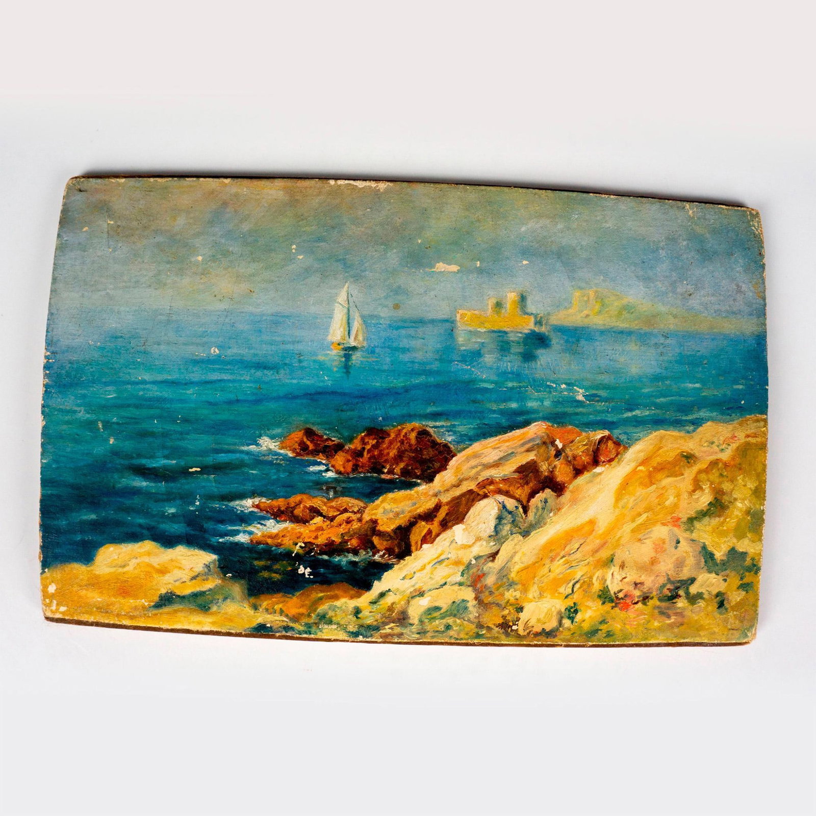 Original Oil on Board, Impressionist Mediterranean Seascape: Original oil painting on canvas that is glued to a wooden board. The artist has depicted the Chateau d'If, Marseille, France seen from the Mediterranean Sea coast in an Impressionist style. The rocky 