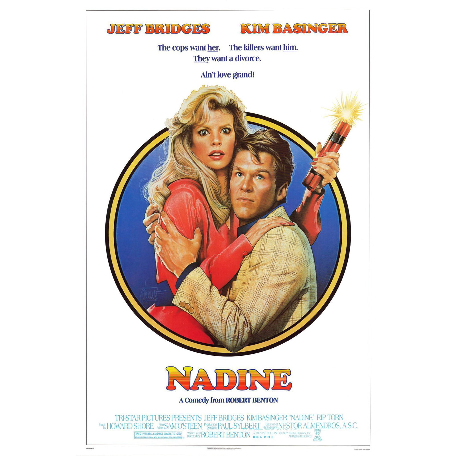Movie Poster, Nadine: Fun vintage poster from the movie Nadine, 1987, starring Jeff Bridges and Kim Basinger. Issued: 1987 Dimensions: 27"L x 40.5"H Country of Origin: USA