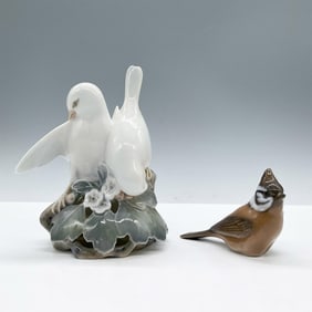 2pc Royal Copenhagen Figurines, Lovebirds & Crested Tit