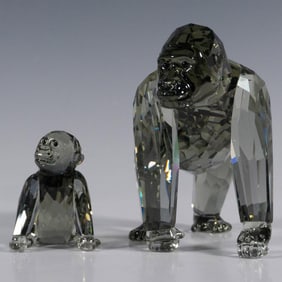 2pc Swarovski Crystal Gorilla Figurines, Mother and Cub