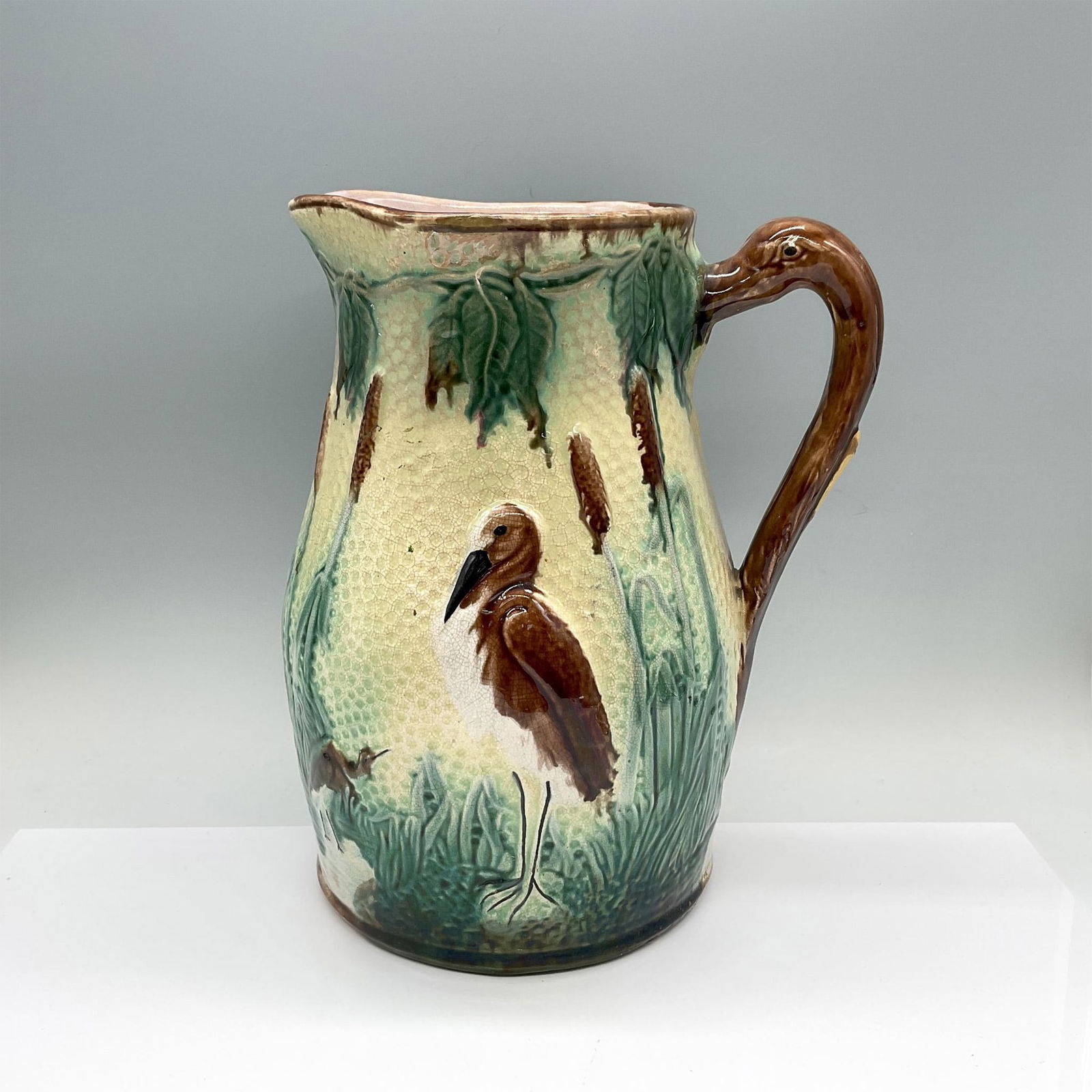 English Majolica Pottery Pitcher, Heron and Cattails (1 of 3)