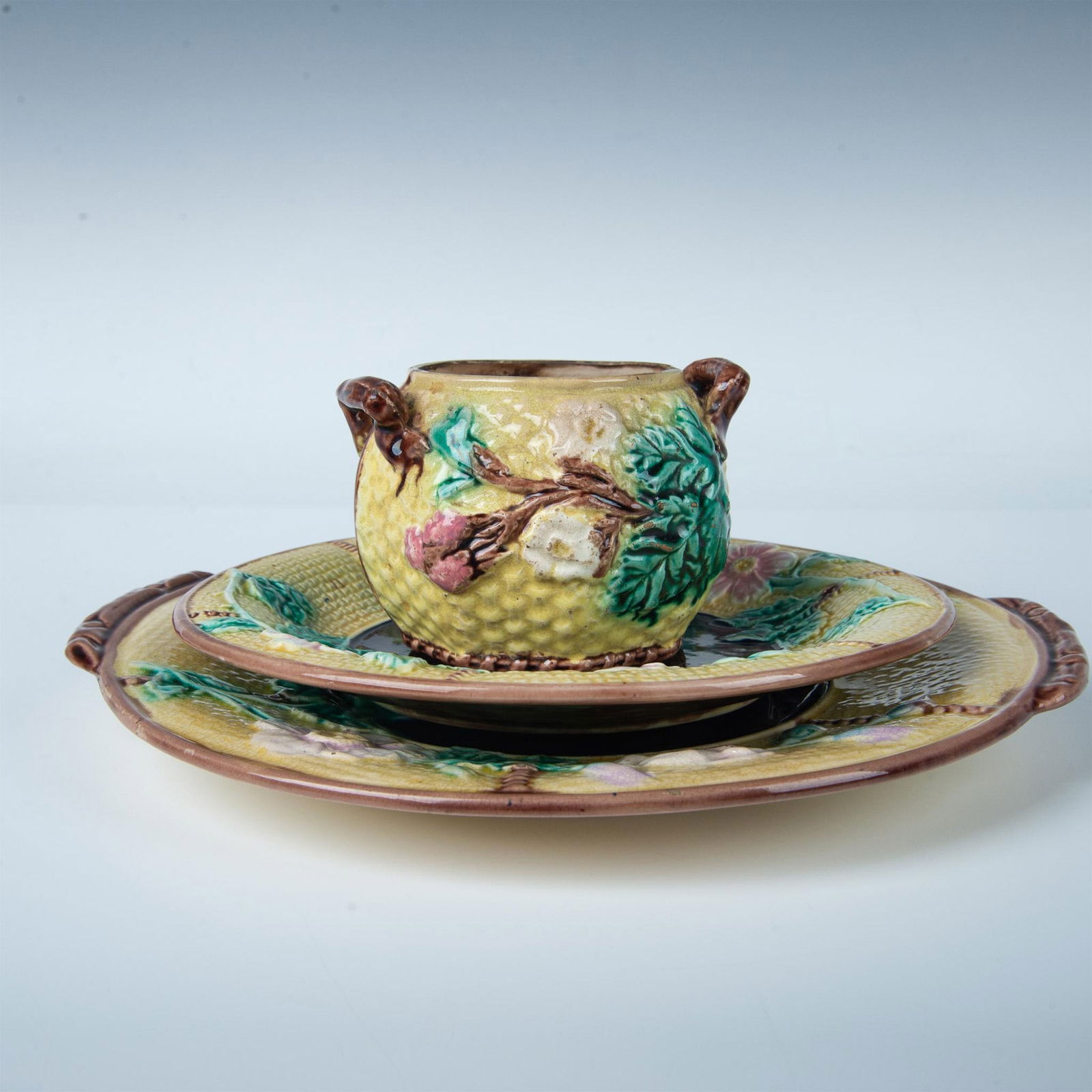 3pc Majolica Pottery Yellow Floral Tableware (1 of 4)