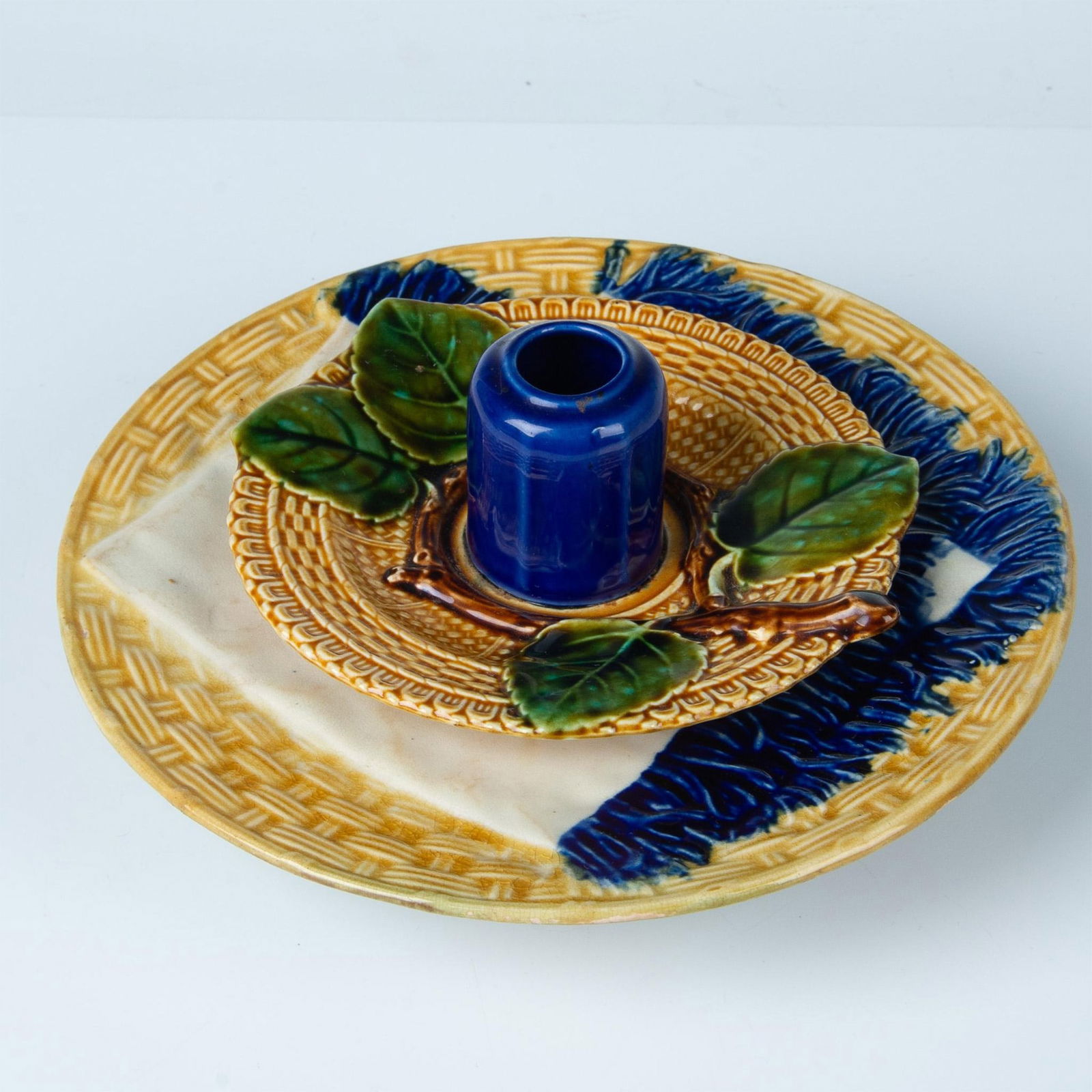 2pc Majolica Pottery Candlestick Holder and Tray (1 of 5)
