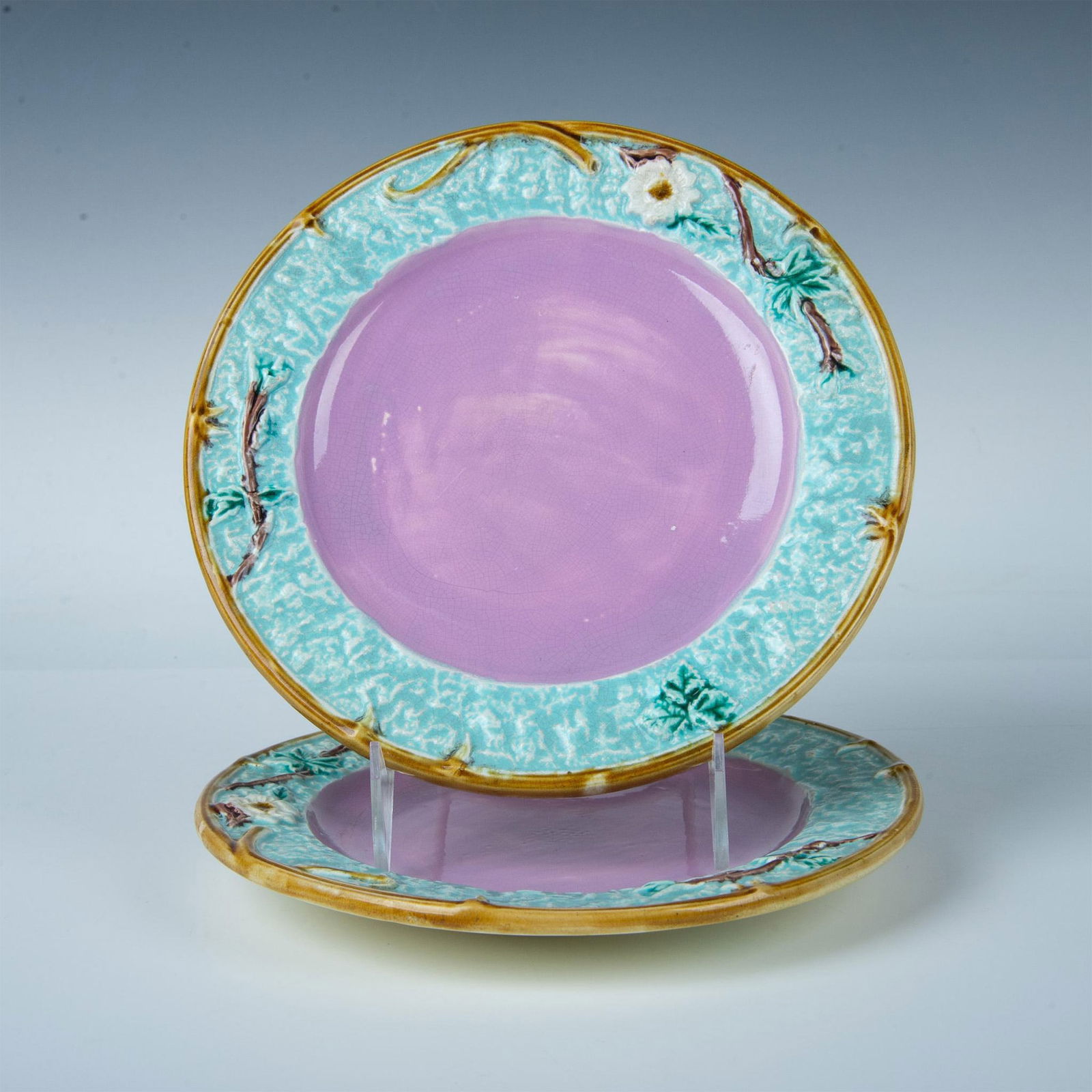 Pair of Majolica Pottery Floral Salad Plates (1 of 4)