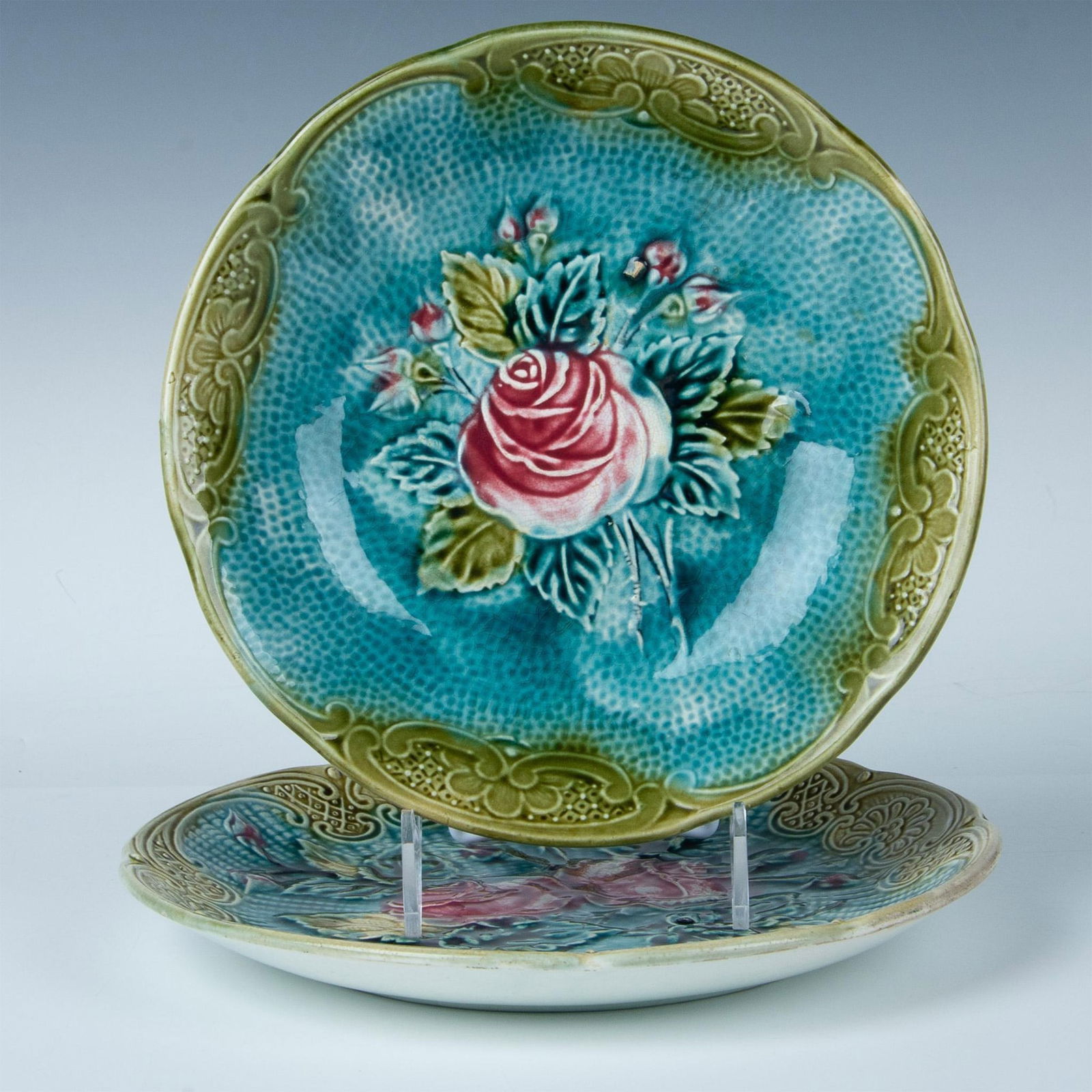 2pc Majolica Pottery Pink Rose Plate and Bowl (1 of 5)