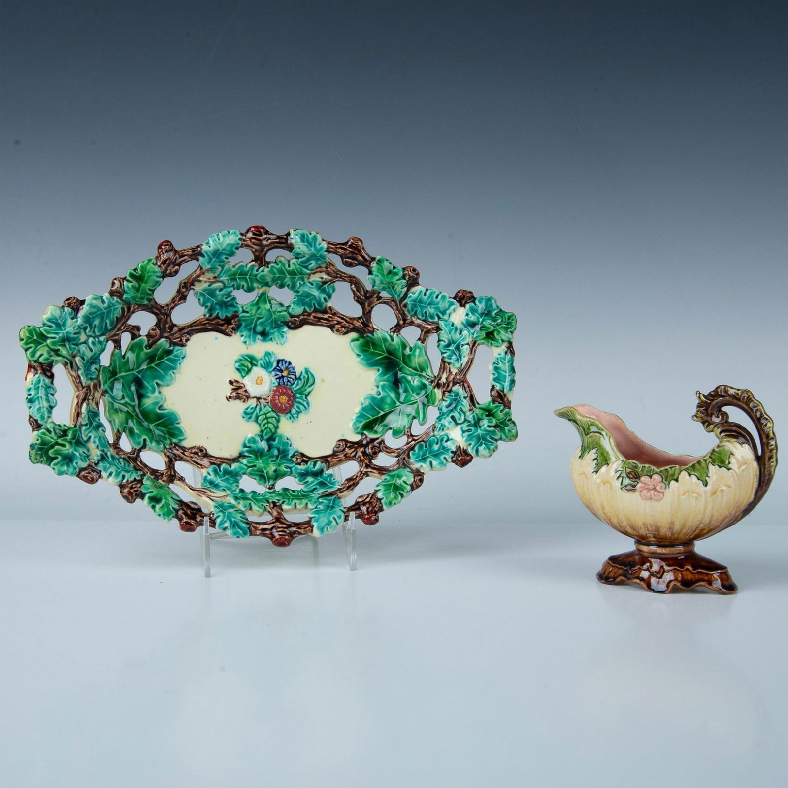 2pc Majolica Pottery Floral and Foliage Basket and Creamer (1 of 4)