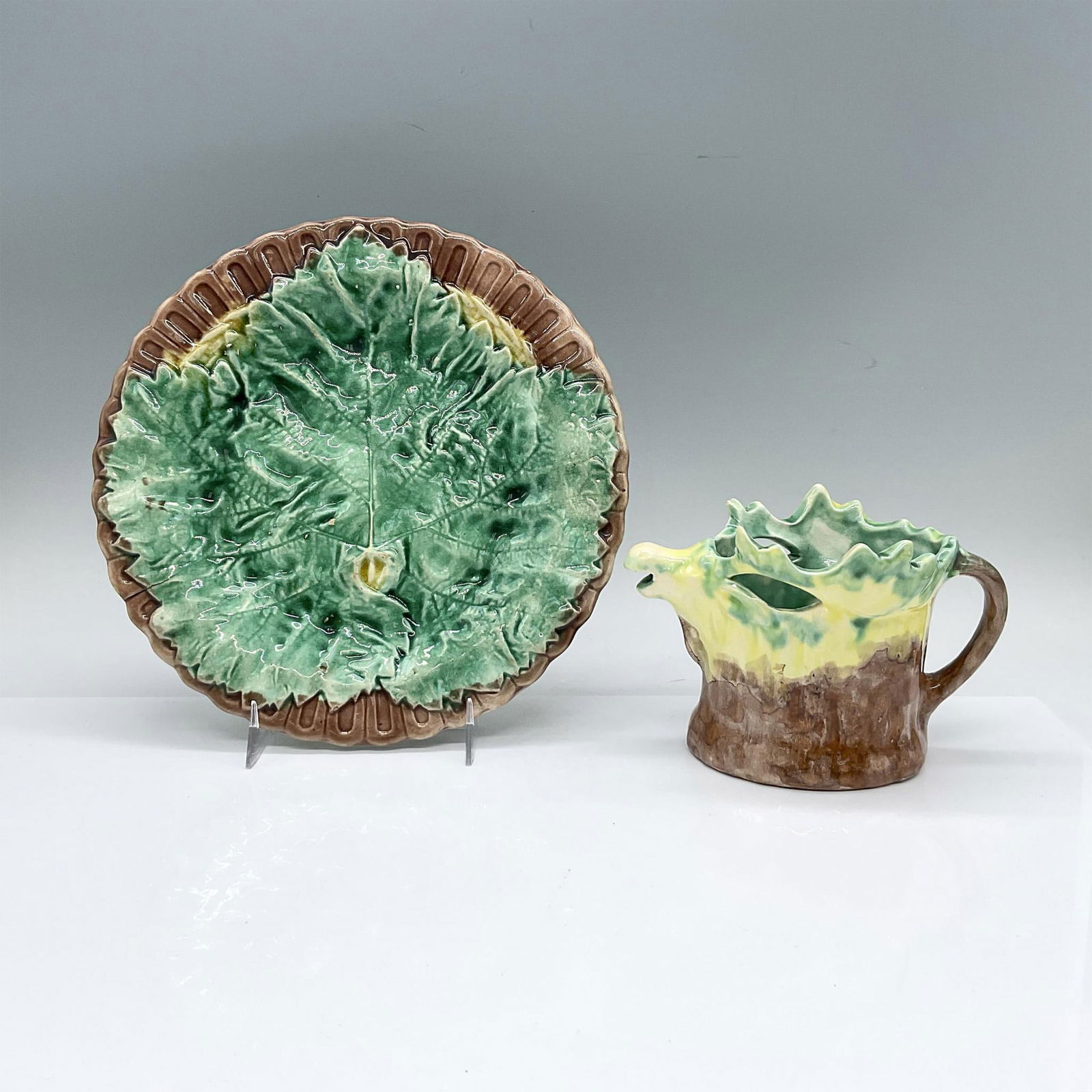 2pc Majolica Hand Painted Pottery Plate and Creamer (1 of 3)