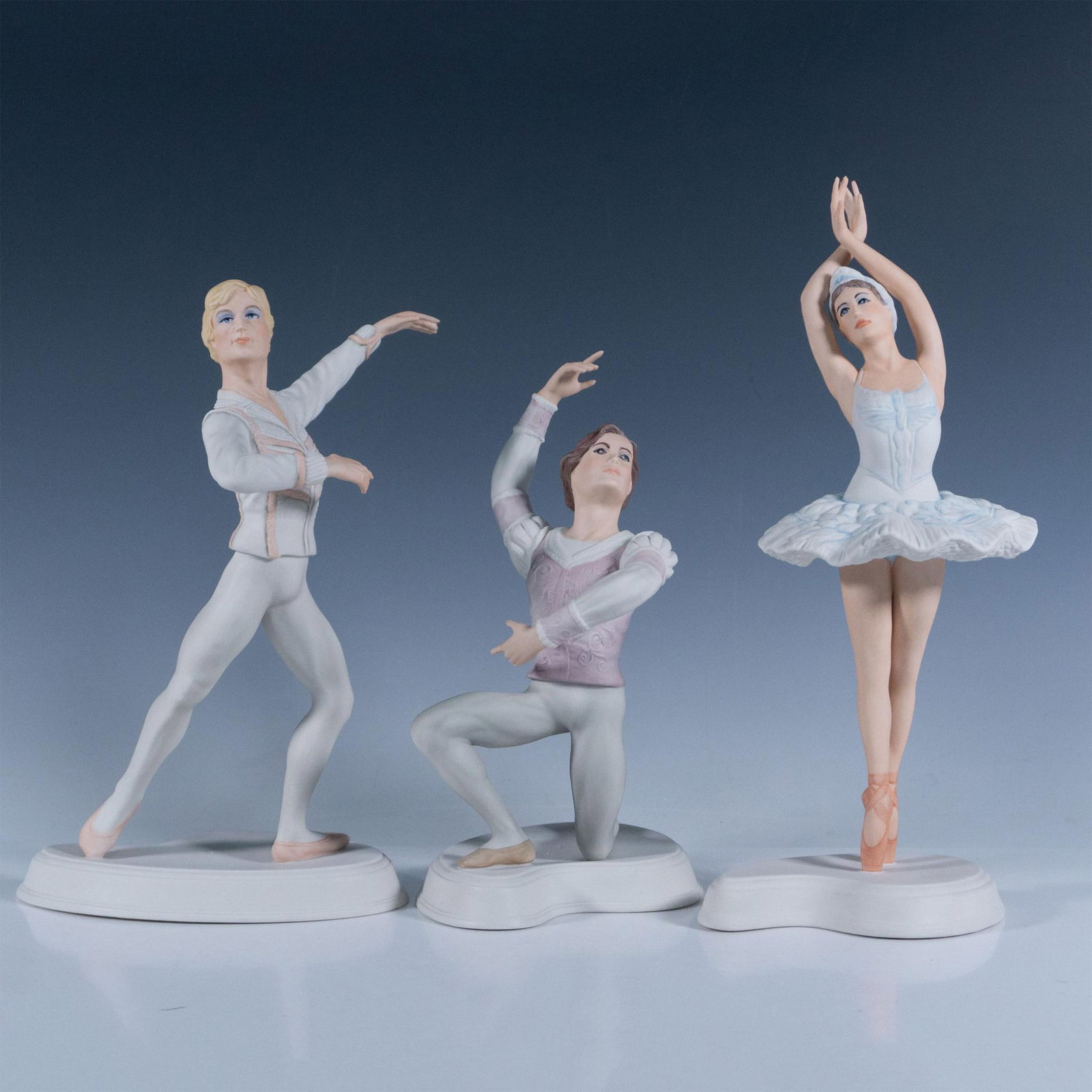 3pc Edward Marshall Boehm Studio Figurines, Romantic Moments: These three bisque porcelain figurines are subtly colored in realistic hues. Sponsored by the London Festival Ballet, they depict the Nutcracker Prince (#29), Odette (#30), and Romeo (#31). Limited to