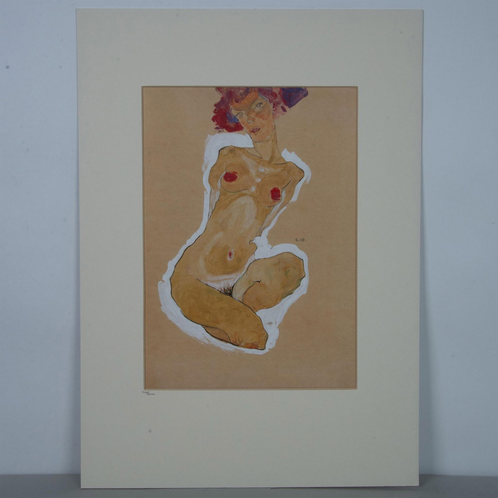 Egon Schiele (After) Erotica Lithograph on Paper w/ Seal: Squatting Nude is a color lithograph on paper after Austrian Expressionist Egon Schiele, known for his defiance of conventional norms of beauty and propensity for erotic figural distortions. Signature