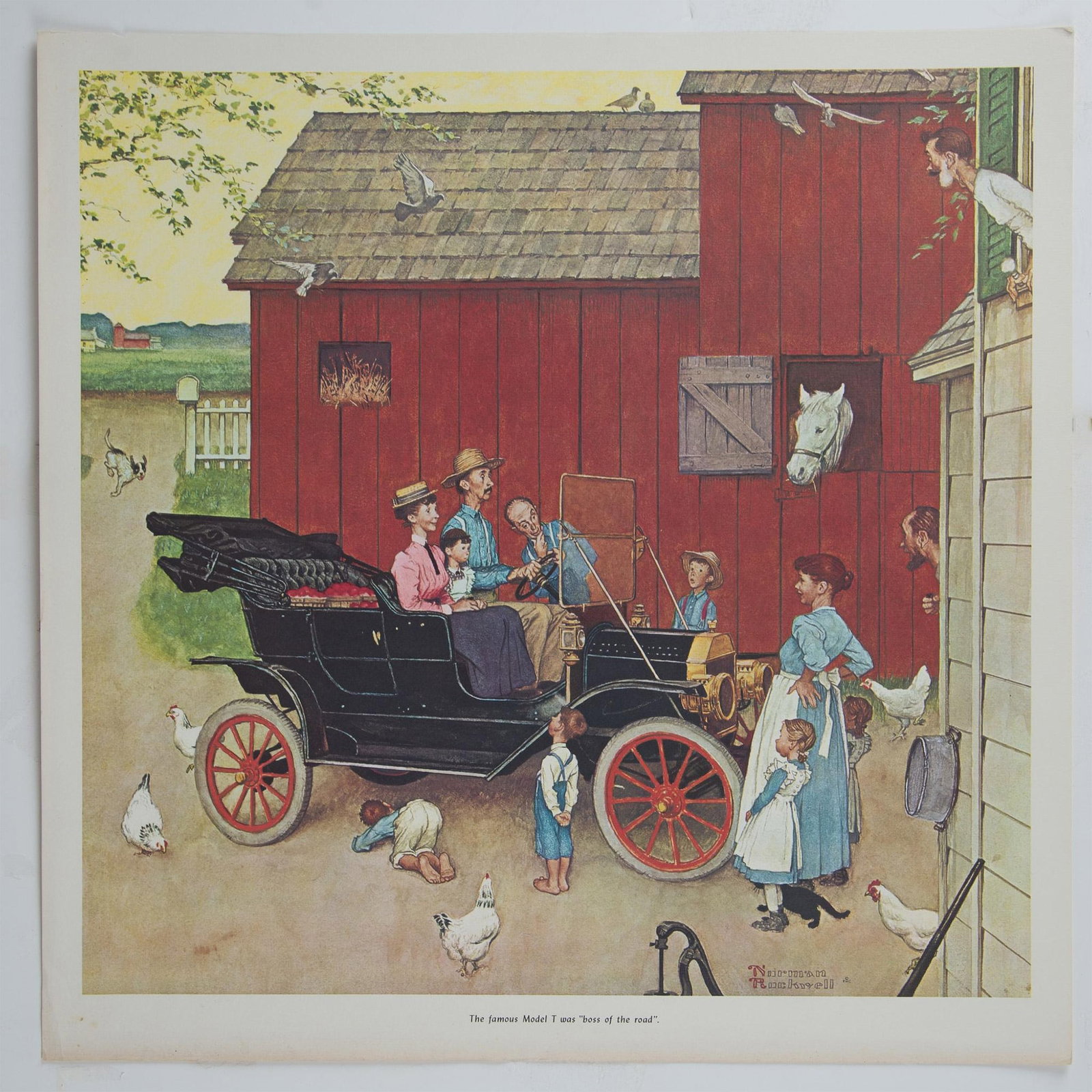 Norman Rockwell (After) Color Lithograph on Paper, Model T: The Famous Model T was 'Boss of the Road' is an color lithograph on laid paper after American illustrator and painter Norman Rockwell's 1953 original commissioned by Ford Motor Company to commemorate 