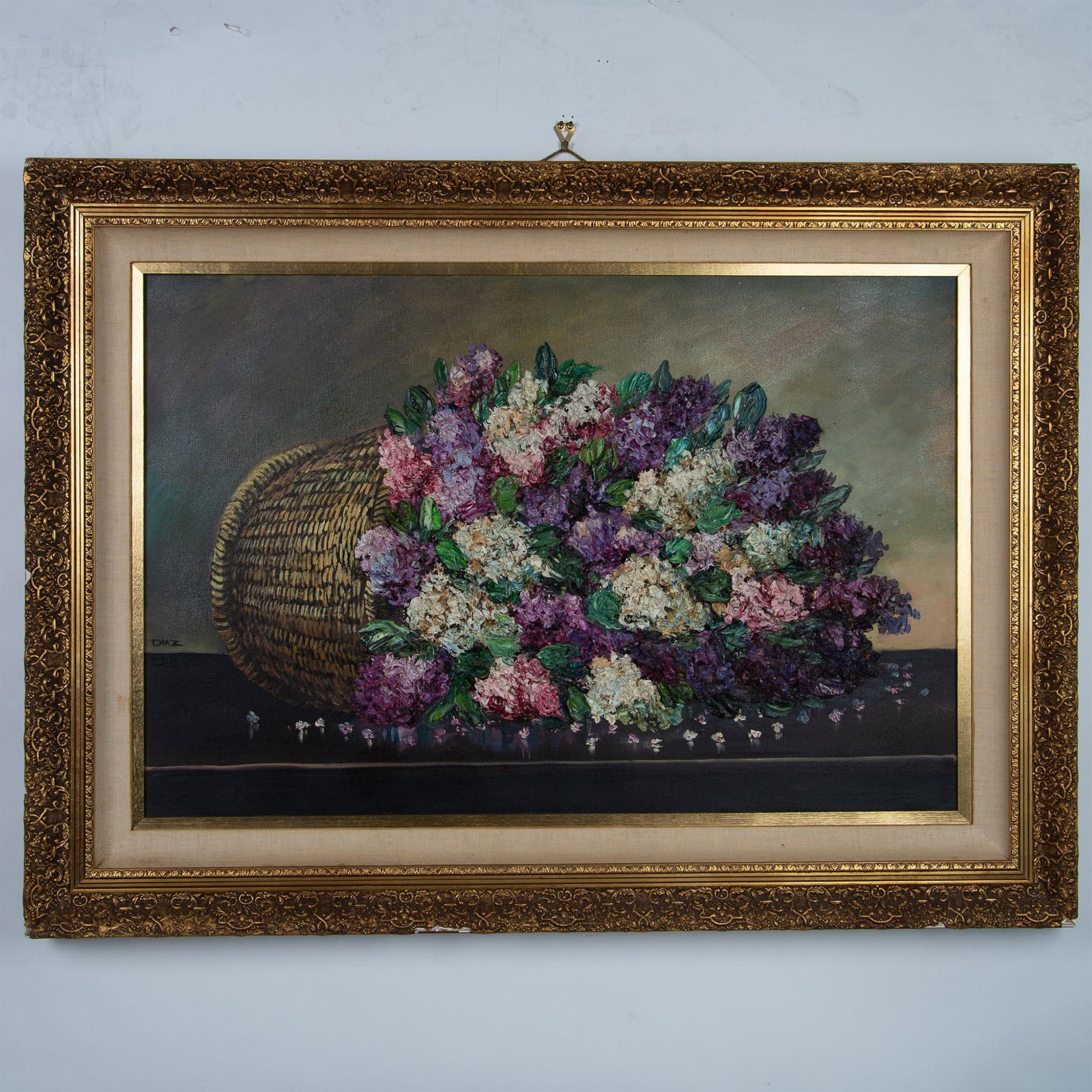 Fernando Diaz, Original Acrylic on Canvas, Chrysanthemums, Signed: Splendid original acrylic on canvas of a luscious arrangement of chrysanthemum flowers in a tilted straw basket placed on a reflective black surface. Artist Fernando Diaz used a Realistic style with a