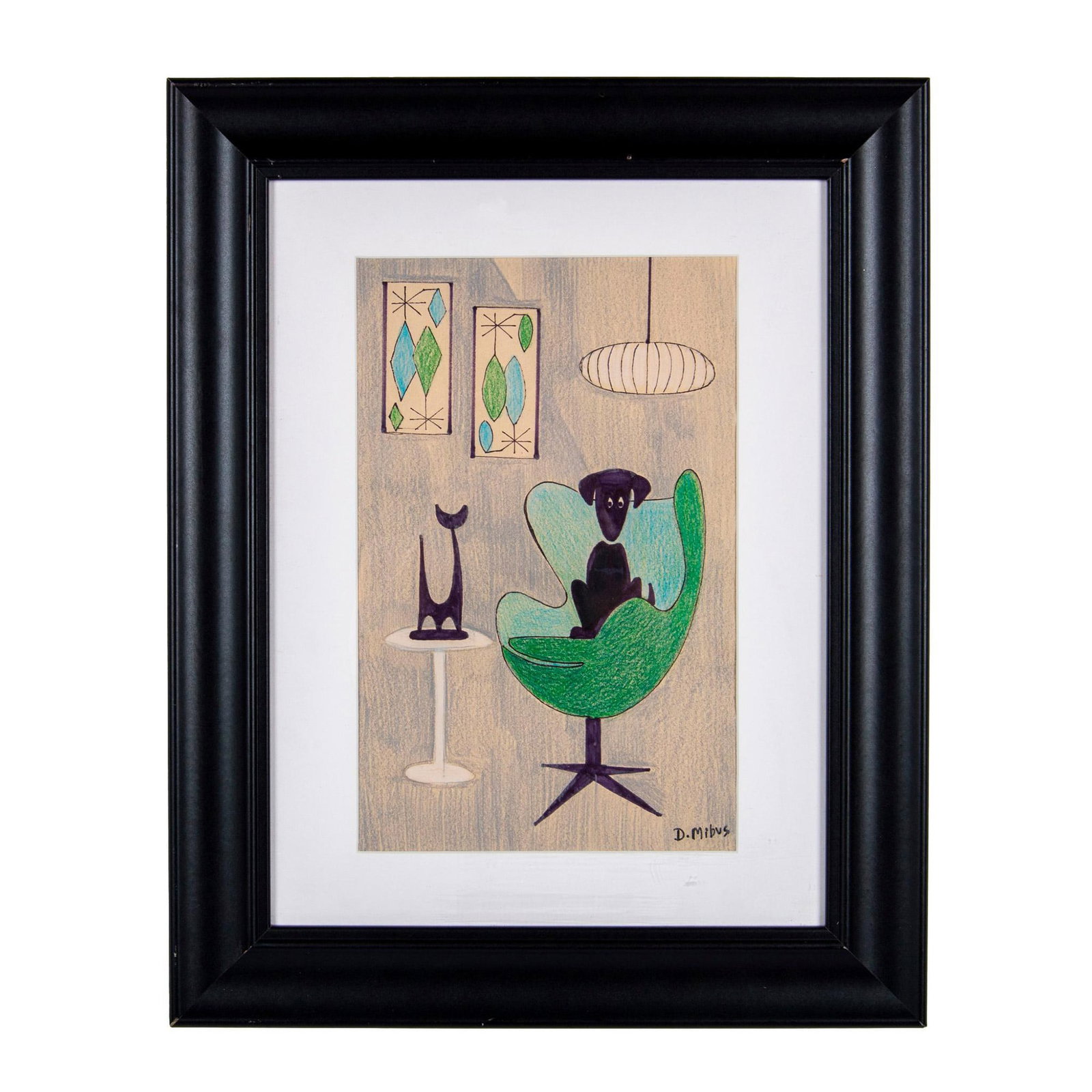 Original Ink and Wax Crayon Drawing on Paper In The Manner of Donna Mibus: This ink and wax crayon drawing on paper is made in a stylish mid-century design style. It depicts an adorable sitting black dog looking sideways toward the sculpture of a black cat set on a simple wh
