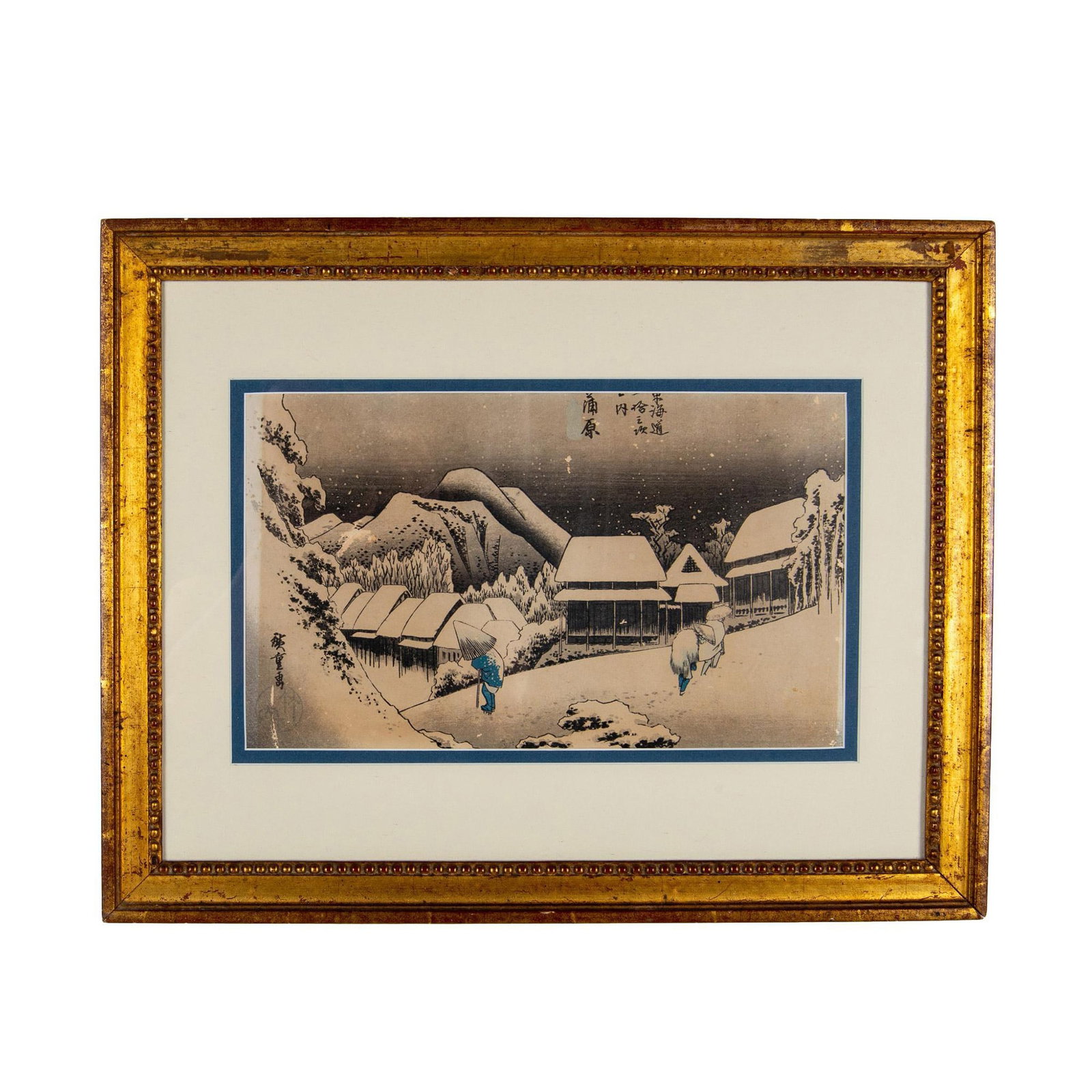 Utagawa Hiroshige, Antique Original Ukiyo-e Woodcut on Paper: Evening Snow Landscape is an original ukiyo-e color woodcut on paper made with shades of black and white, and accents of blue by Japanese master Hiroshige. Includes calligraphic writings on upper cent
