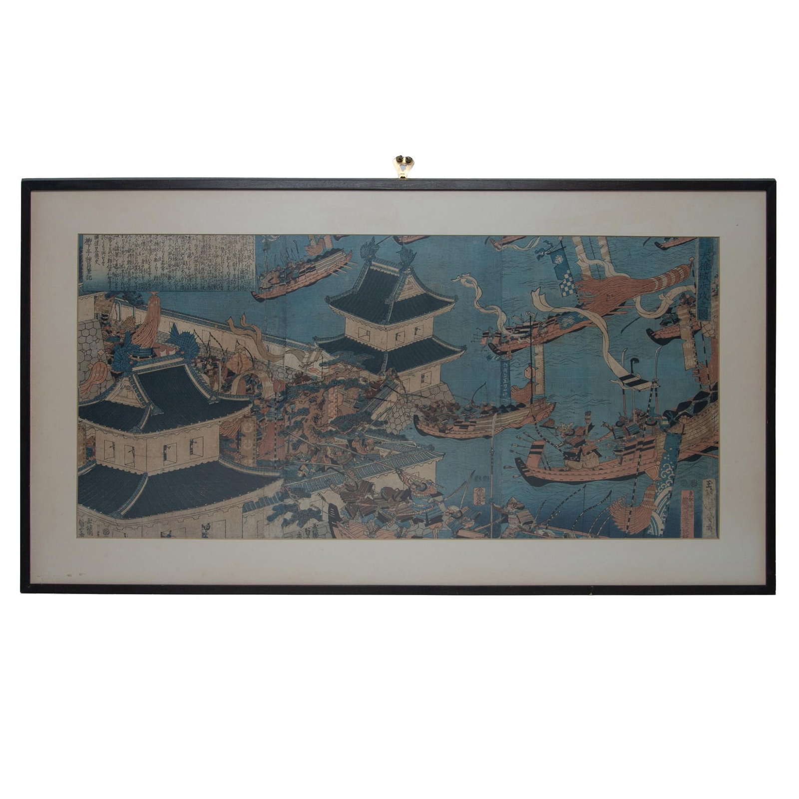 Utagawa Sadahide, Original Woodcut on Paper, Signed: Splendid original color woodblock on paper by Meiji era Japanese artist Utagawa Sadahide who depicts a panoramic view of the 16th century Battle Scene At Oshi Castle. Made as a tryptic, the three wood