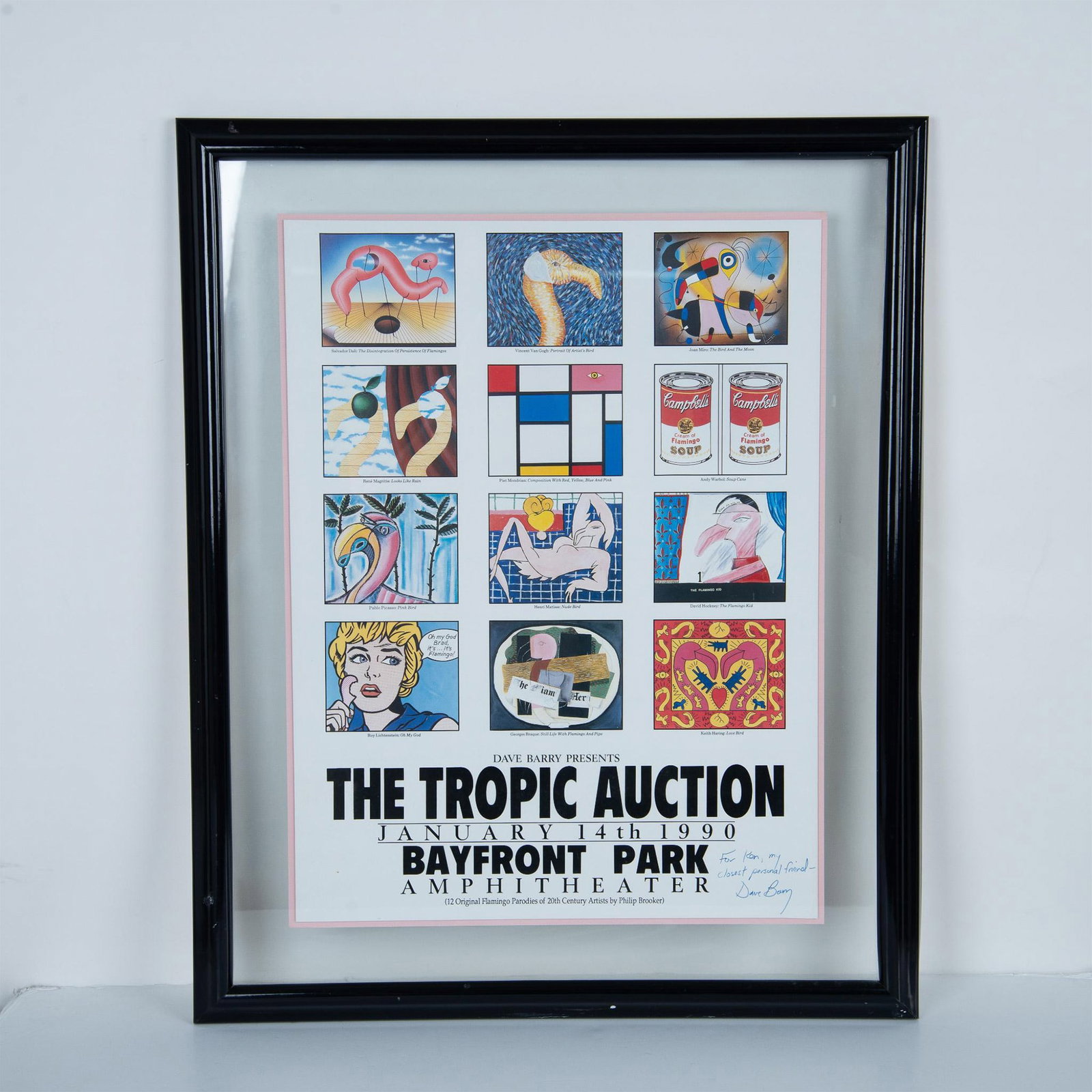 Philip Brooker, The Tropic Auction Flamingo Parody Poster: The Tropic Auction Flamingo Parody Poster includes twelve Philip Brooker interpretations of flamingos based on artistic styles by Mondrian, Dali, Picasso, Hockney, Warhol and others. Housed in a black