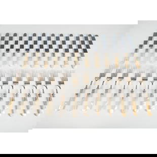 24pc Landers, Frary & Clark Mother of Pearl Forks and Knives: This mid-century floral silverware set is silver plated. The twelve forks measure approximately 7.25"L x 1"W. The twelve dinner knives measure approximately 7.75"L x 0.75"W. Landers, Frary & Clark is