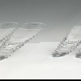 Pair of Orrefors Crystal Carat Double Old Fashioned Glasses: Clear crystal tumbler with cut base. Orrefors mark. This item has its original box: 3.75"L x 3.75"W x 5"H. Artist: Lena Bergstrom Issued: 21st century Dimensions: 4.25"H x 3.5" dia. Manufacturer: Orre