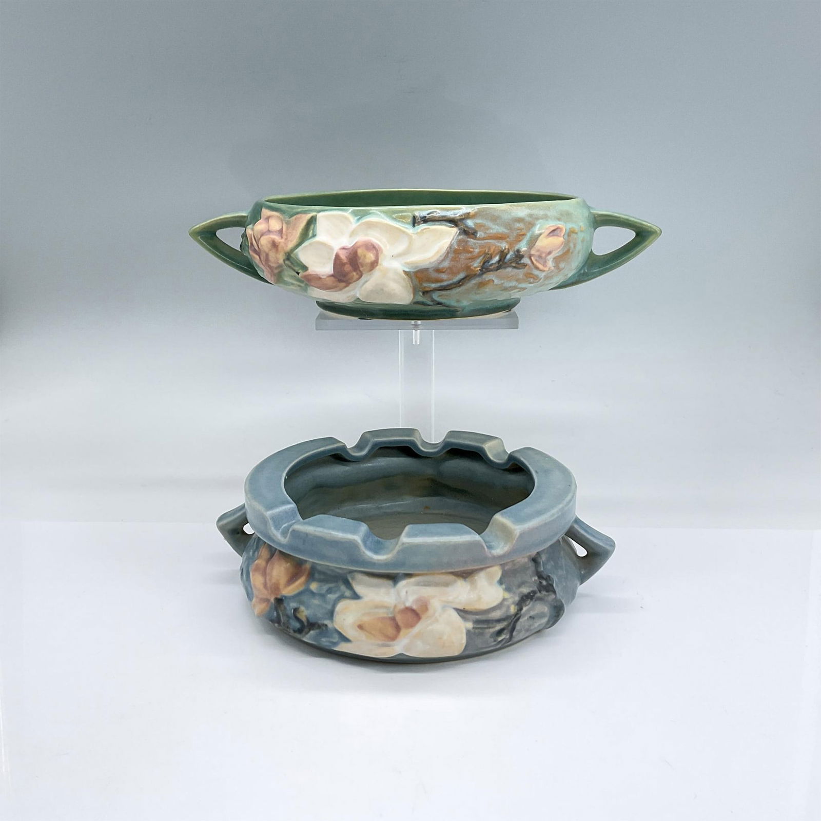 2pc Roseville Pottery Magnolia Blue/Green Ashtray and Bowl (1 of 7)