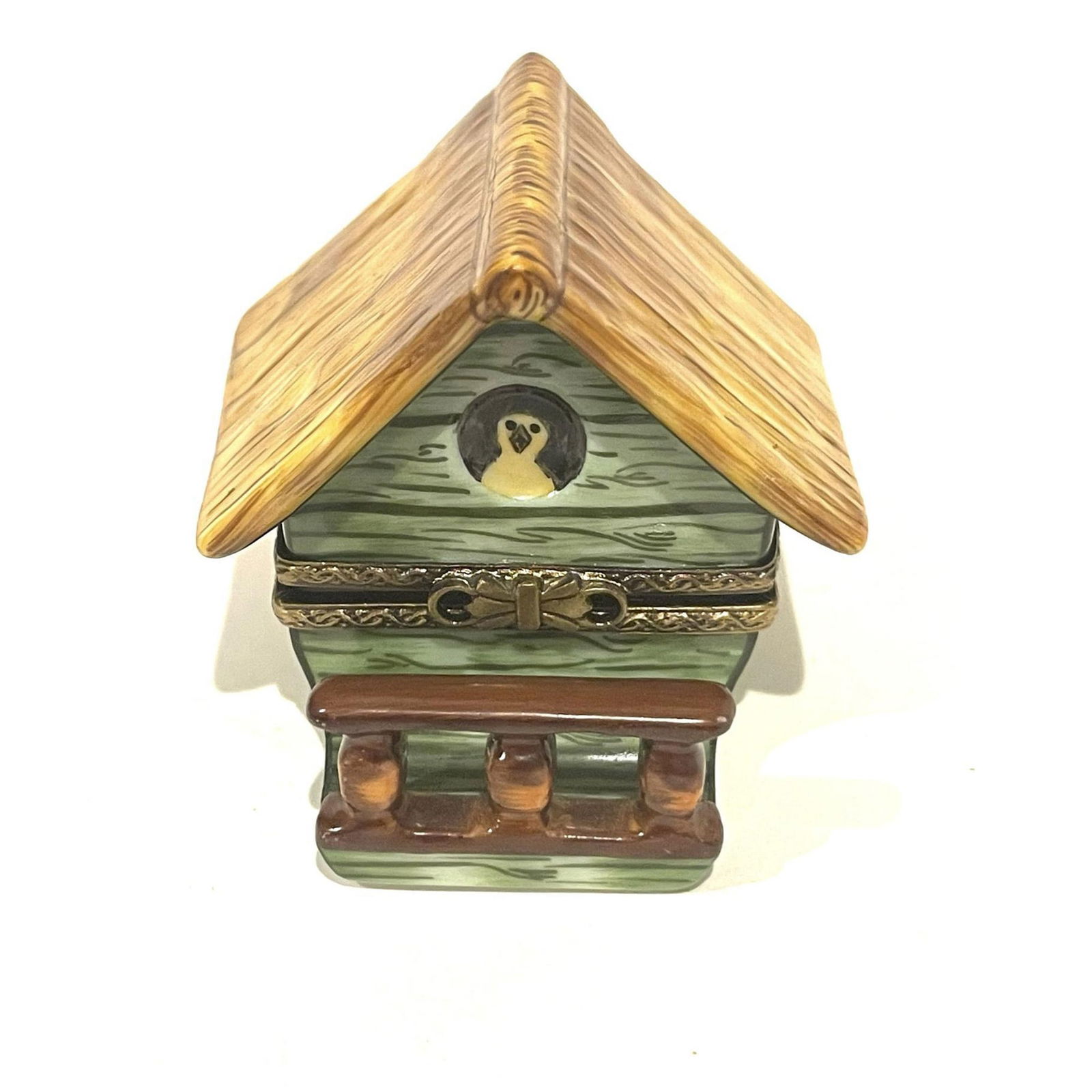 Limoges France Keepsake Box, Green Faux Bois Bird House (1 of 4)
