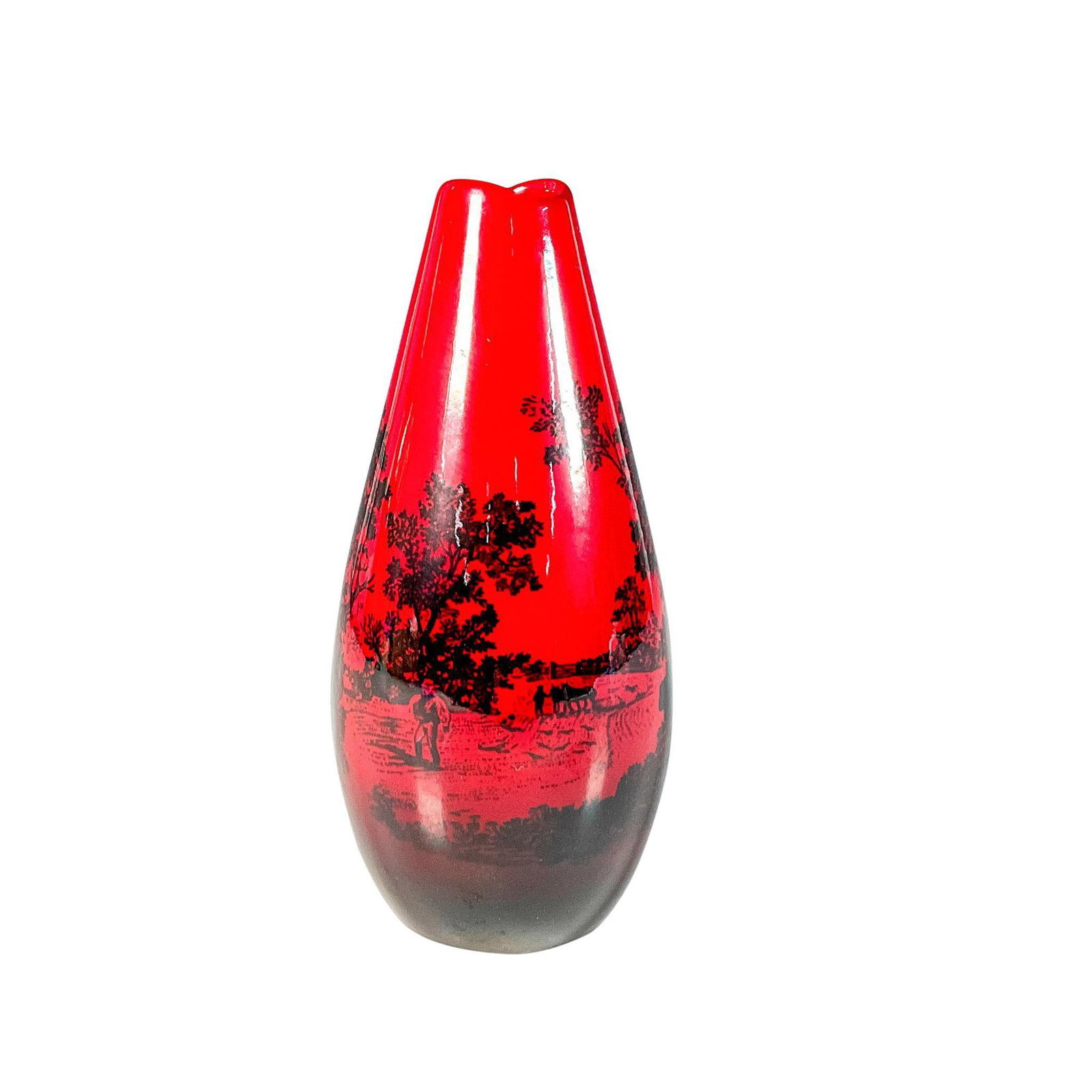 Royal Doulton Flambe Vase, Woodcut 1613: Rich red flambe glaze with black accents. Depicts farmers plowing a field. Royal Doulton backstamp. Issued: 20th century Dimensions: 3"W x 6.25"H Manufacturer: Royal Doulton Country of Origin: England