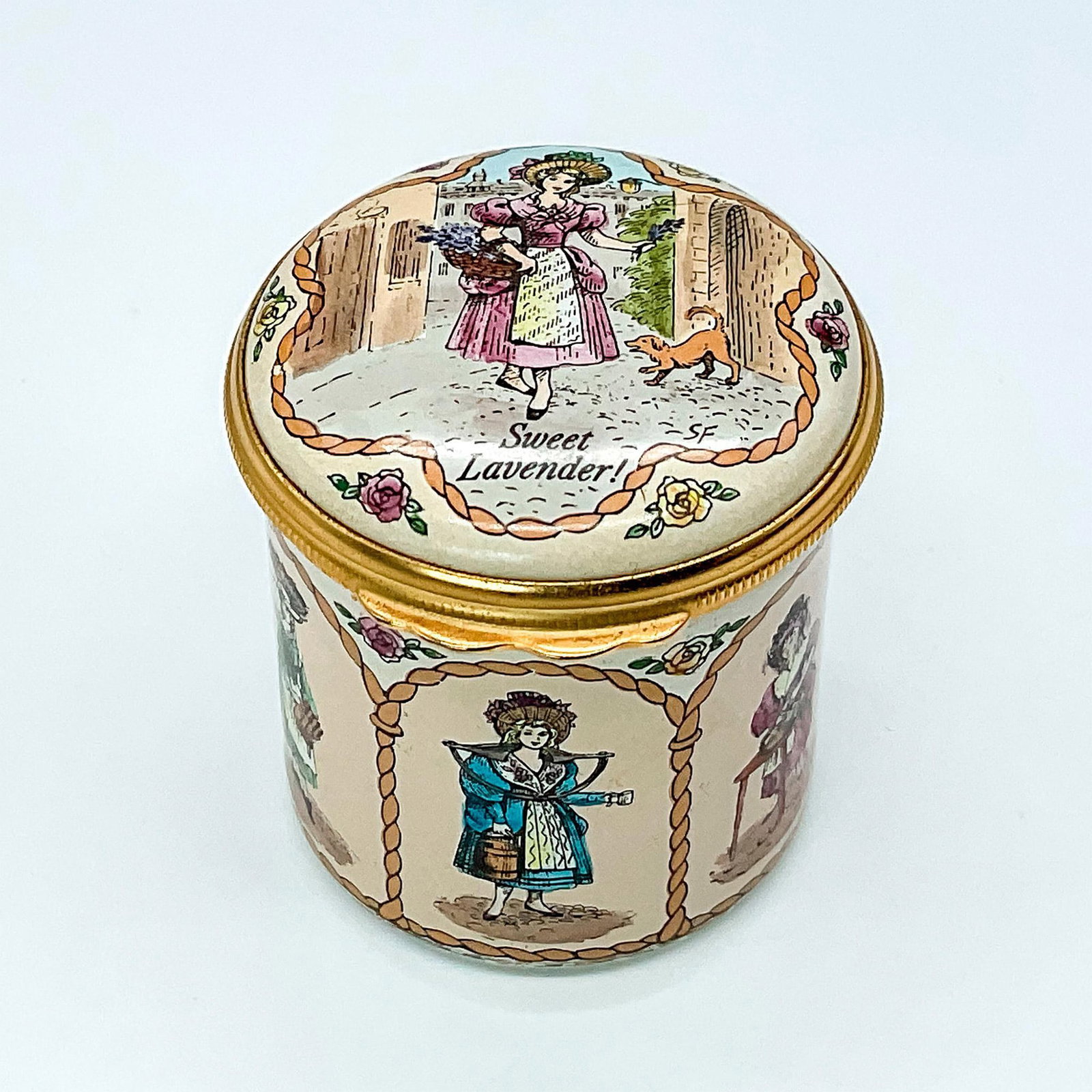 Halcyon Days Enamel Box , Cries of London: This precious box depicts vignettes of various street vendors and their cries: Oysters, Oysters! Hot Gingerbread! Fresh Eggs! Lovely Toys! Ripe Cherries! Fresh Milk! It captures the bustling and livel