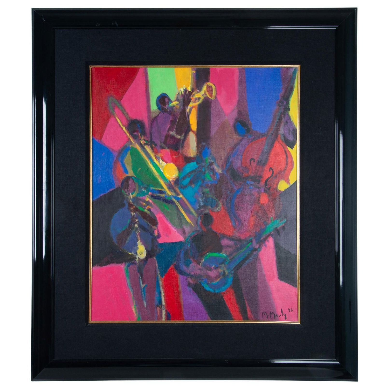 Marcel Mouly, Fauvist Oil on Canvas, Sextuor Jazz, Signed: Splendid original oil on canvas entitled Sextuor Jazz by French Fauvist artist Marcel Mouly. He depicts an abstracted group of six musicians who are set in an amalgam of bold colors shapes. Signature