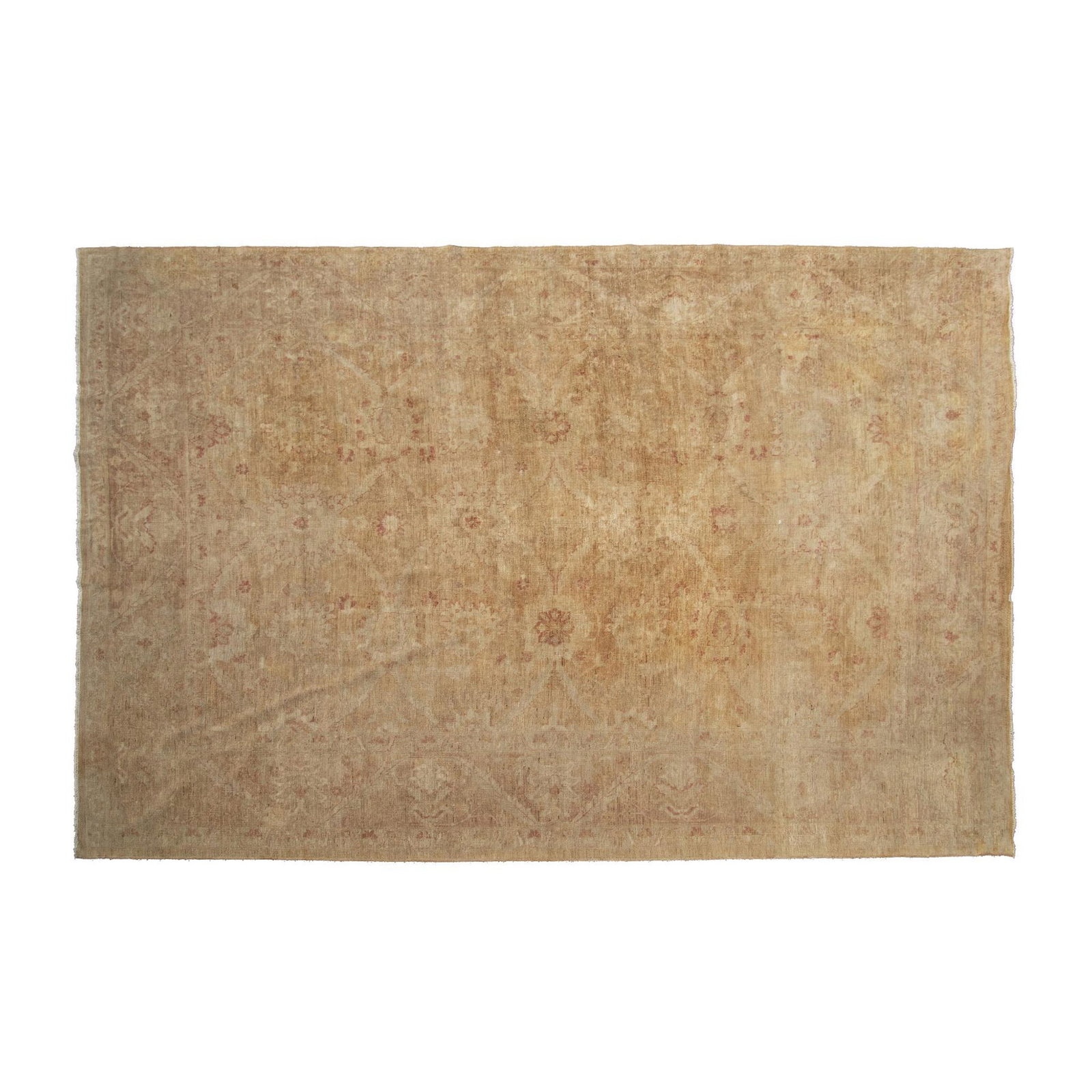 Large Light Tan Wool Area Rug: Thin light tan area rug with floral pattern in dark red and dark pink. Dimensions: 163"L x 118.5"W