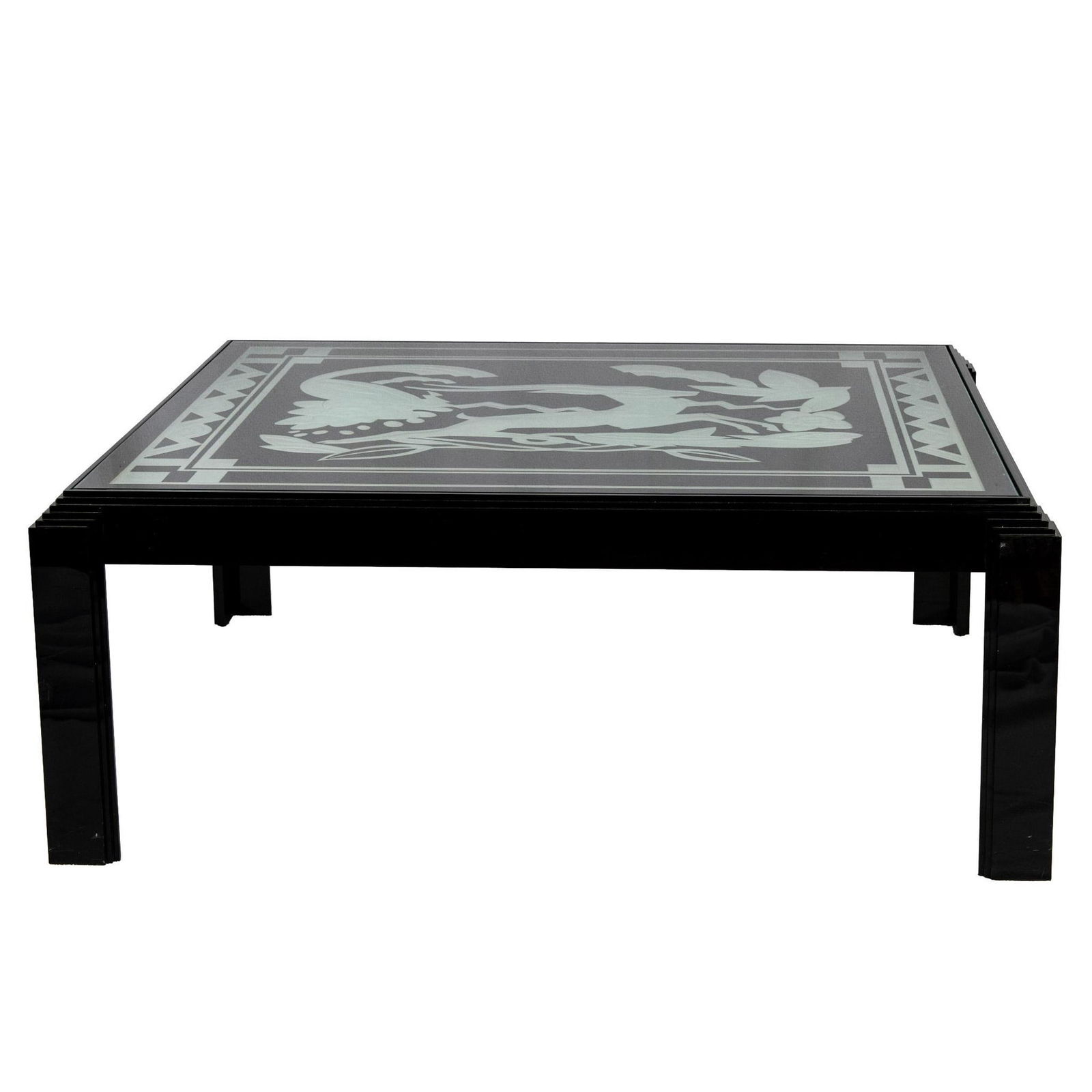 Art Deco Etched Glass Black Lacquered Wood Coffee Table (1 of 5)