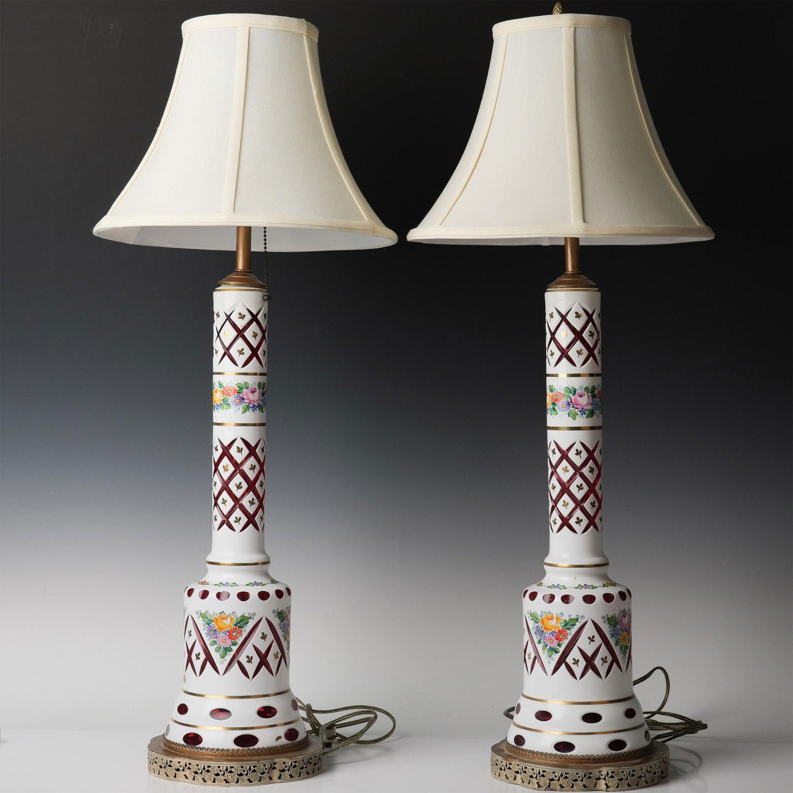 2pc Bohemian Glass Table Lamps, White Enamel Over Cranberry (1 of 4)