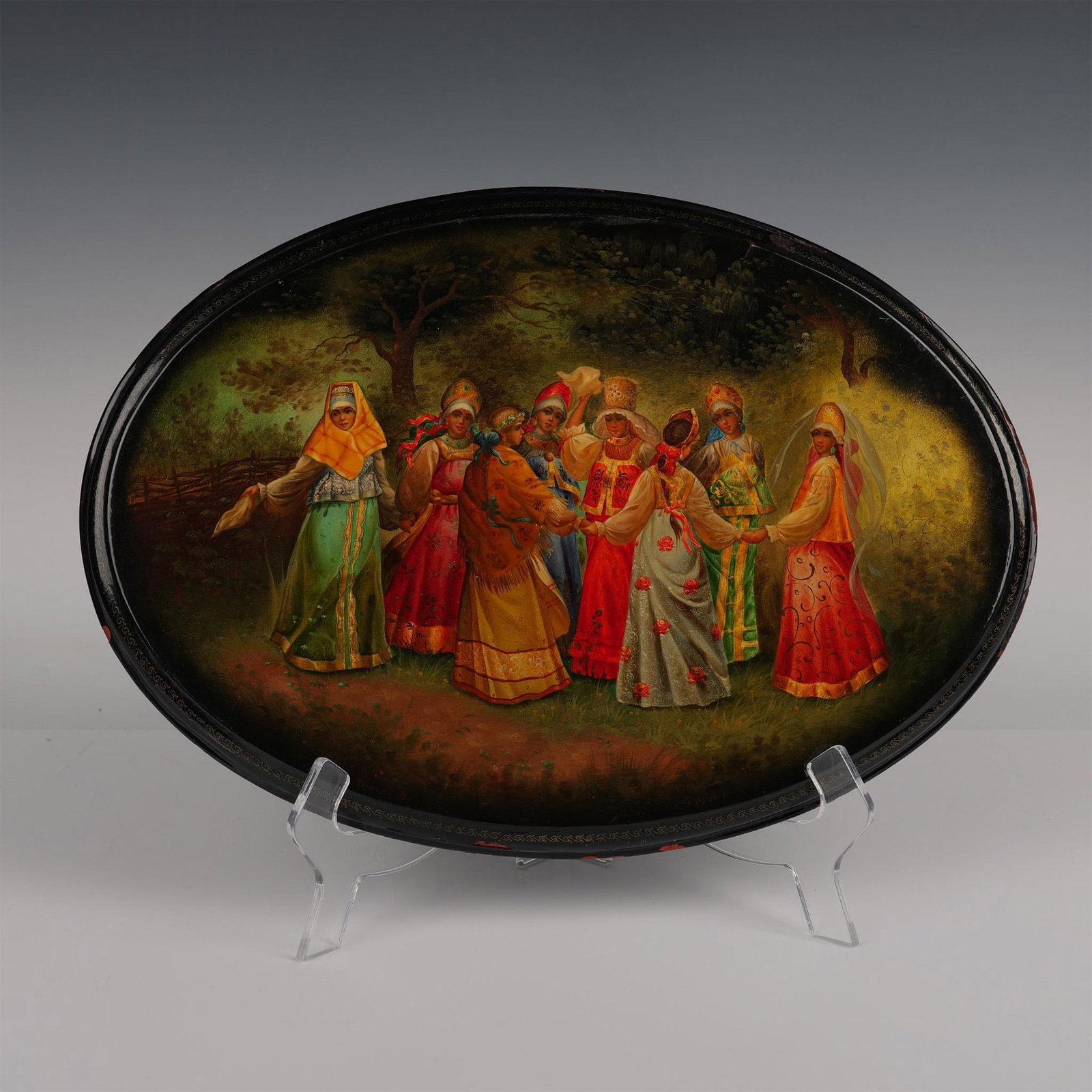Round Dance by Elena Starykh Oval Laquer Fedoskino: This beautiful work depicts a group of girls singing and dancing in a ring. Artist signature at the bottom. Artist: Elena Starykh Dimensions: 11.5"L x 16.5"W Country of Origin: Russia