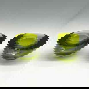 Pair of Orrefors Crystal Lime Votives, Delight: Lovely, simple round design in vibrant green coloration. Orrefors mark. 6544504. This item has its original box: 4"L x 4"W x 3.5"H. Artist: Lena Bergstrom Issued: 21st century Dimensions: 2.5"H x 4" d