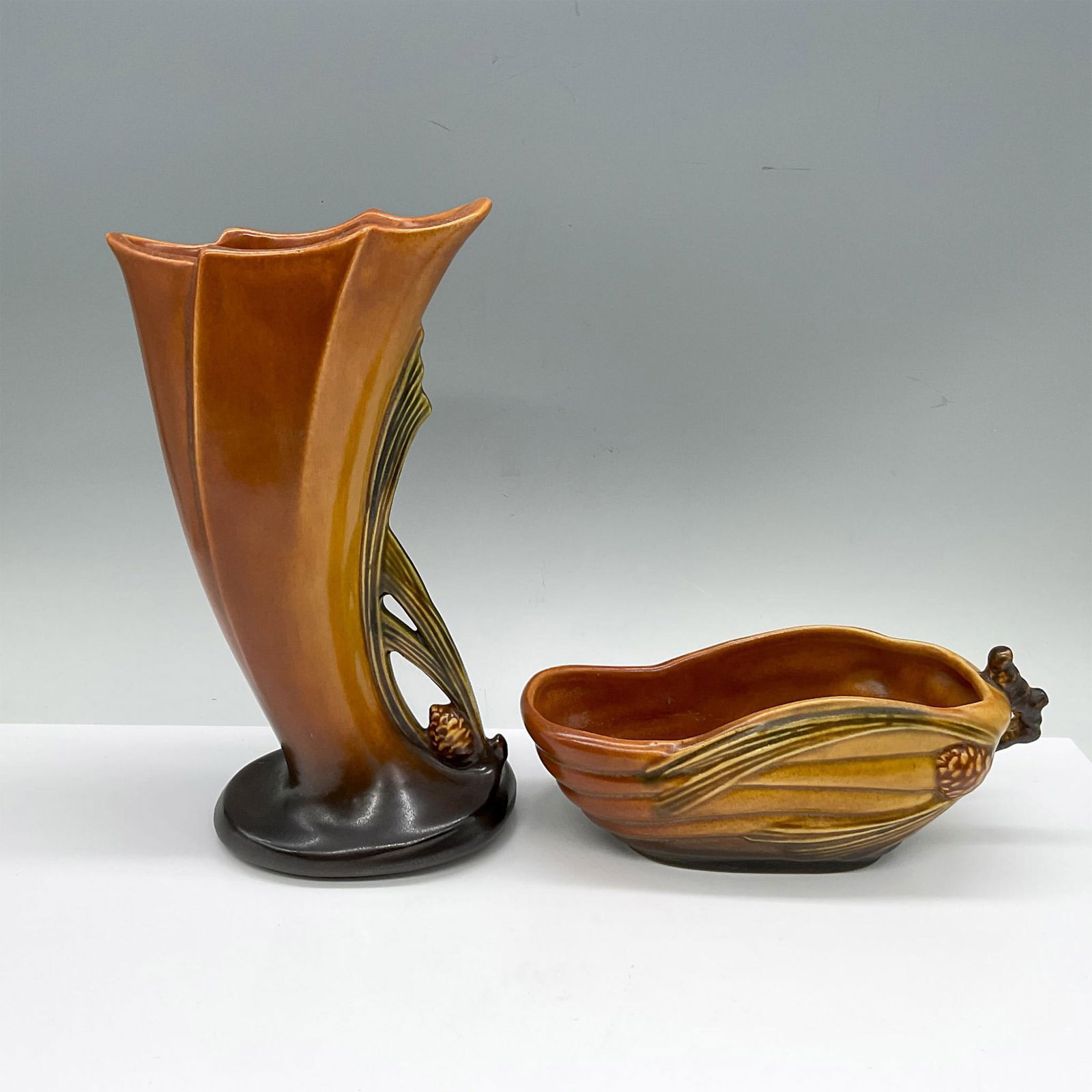 2pc Roseville Pottery Brown Vase and Bowl, Pine Cone (1 of 4)
