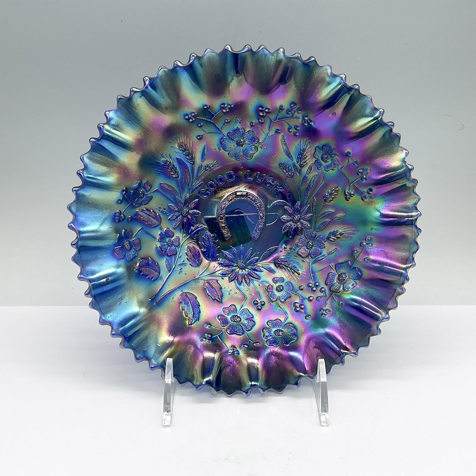 Northwood Carnival Glass Electric Blue Pie Bowl, Good Luck (1 of 3)