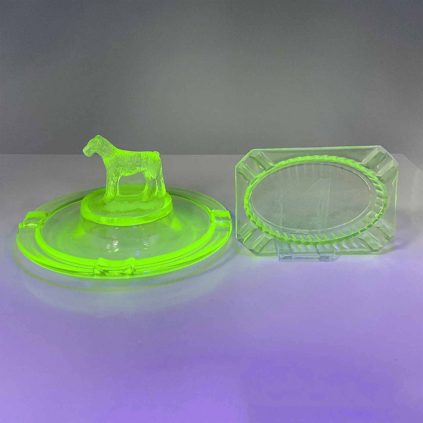 2pc Antique Uranium Glass Ashtrays (1 of 10)