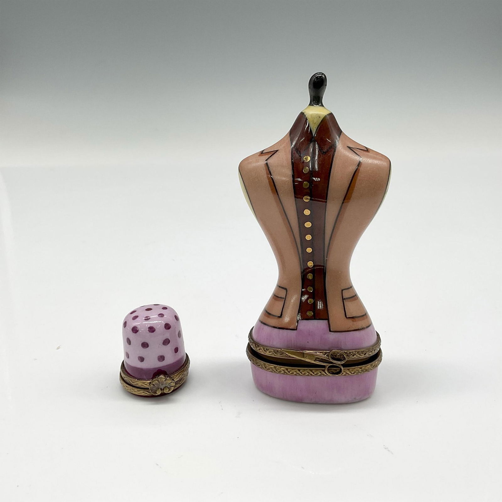 2pc Limoges Peint Main Porcelain Sewing Dress Form + Thimble (1 of 4)