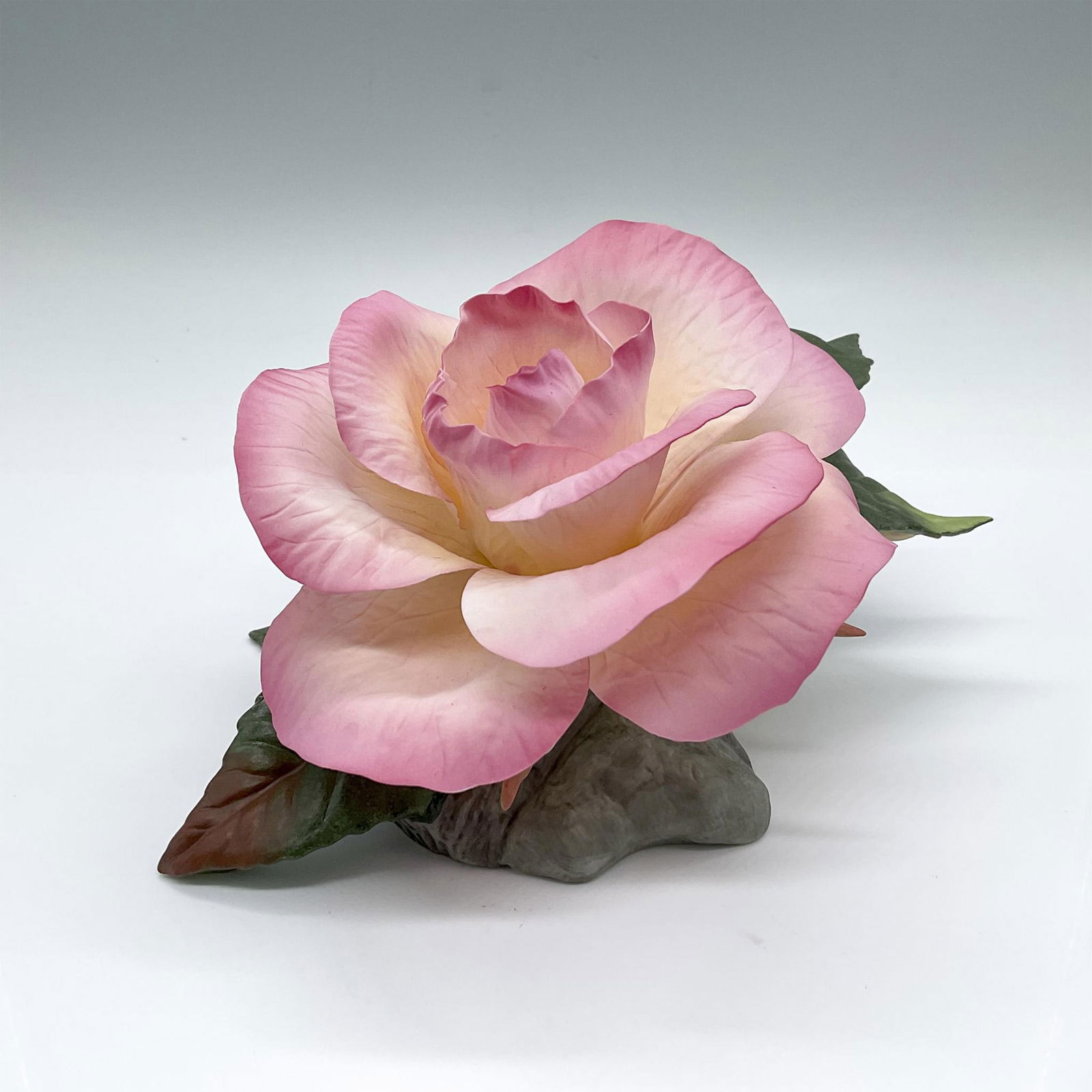 Boehm Porcelain Sculpture, Diana Princess of Wales Rose: Hand painted pink garden rose. A naturalistic study of the classical hybrid tea rose that was introduce in 1998 in the United States at the British Embassy. Boehm backstamp. Issued: 1999 Dimensions: 7