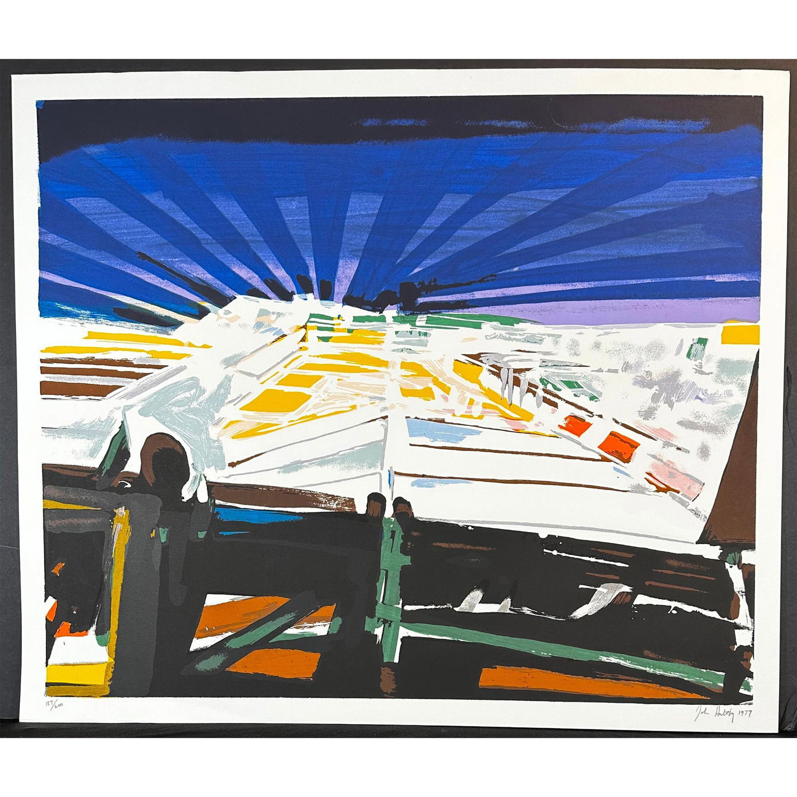 John Hultberg (American 1922-2005) Serigraph Barricade signed: Serigraph titled Barricade Signed lower right numbered 187/200. Sight size 36" x 24"