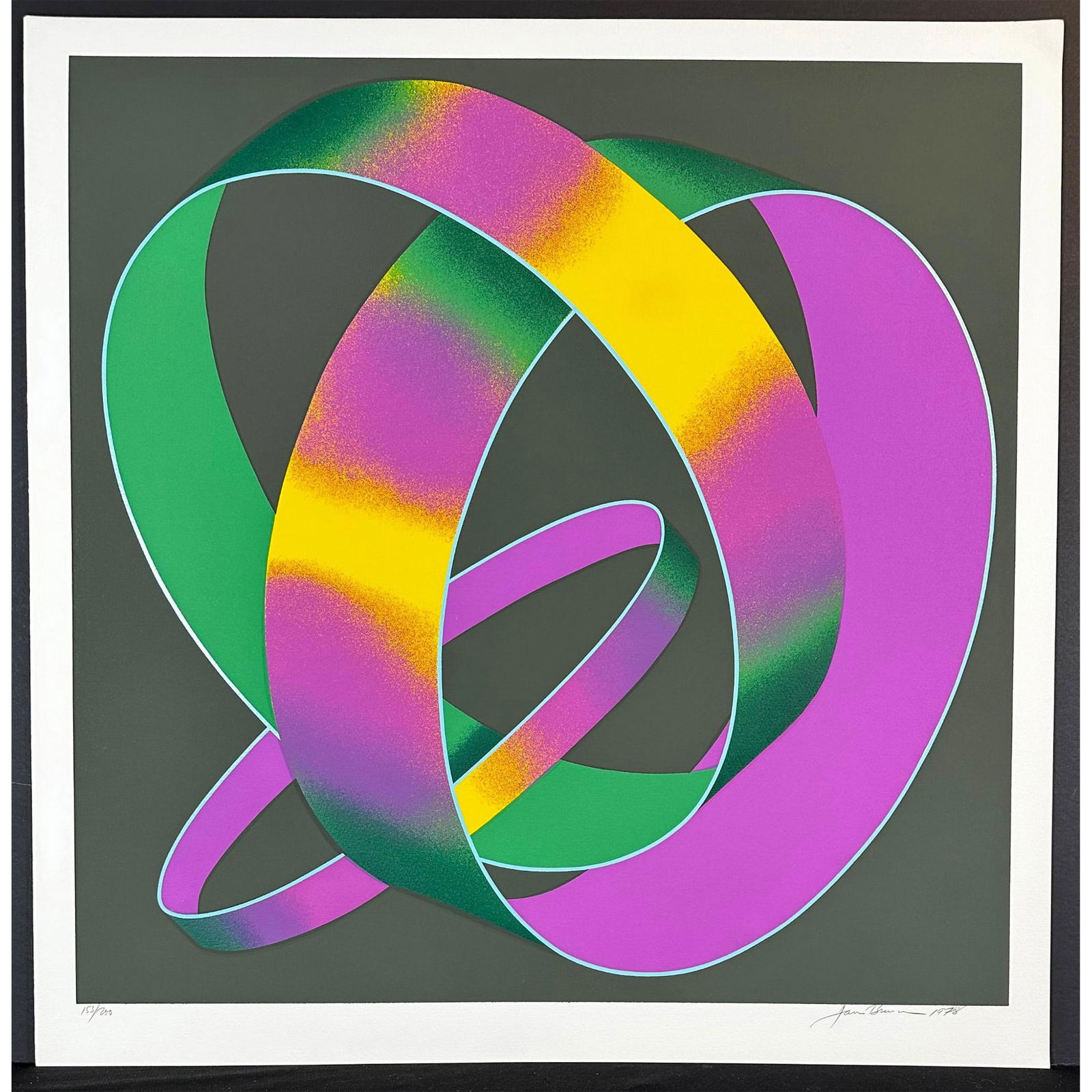 Jack Brusca (American 1939-1993) Silkscreen Whisper Theme, signed: Silkscreen titled Whisper Theme. Signed lower right numbered 153/200. Year 1978 Sight size 25.5" x 26"